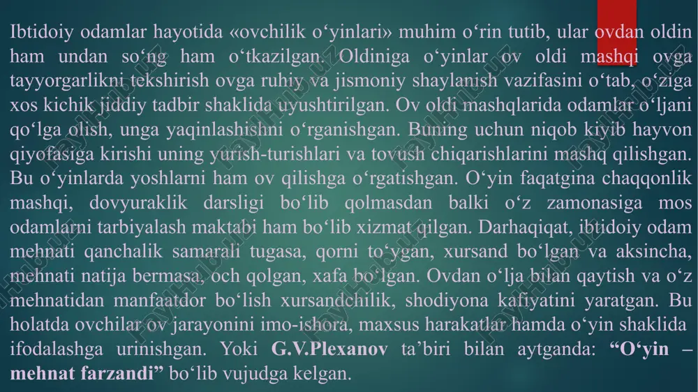sida serhosil joylar uchun janglar boʻlib, ular oqibatida qurbonlar koʻp boʻlgan. borgan sari masalani madaniy shaklda hal qilish yoʻllari izlangan buning natijasida bir-biri bilan ikki urugʻ emas balki ularning sardorlari yakkama-yakka jang qilganlar. vaqt o‘tib oʻlim bilan tugaydigan janglar o‘rniga madaniylashgan sardorlar kurashi olishuvlari vujudga kelgan. olishuvlar esa hozirgi milliy kurashimizning ibtidosidir. to‘rtinchidan: – qabilalar oʻz muammolarini janjal bilan emas balki tinchlik yoʻli bilan hal qilish maqsadida qoʻshni urugʻ vakillarini mehmonga chaqirgan inson tili rivojlanmagan davrda mehmon va mezbonlar oʻz fikrlarini pantamimo o‘yin raqs shaklida ifodalashgan. - xullas inson terimchilik bilan mashhur boʻlayotgan davrdayoq oʻyinlarning ilk shakllari meva terish boʻyicha musobaqa, tarbiyaviy o‘yin, mashg‘ulotlar, sardorlar olishuvlari, pantamimo, raqslar kabi o‘yinlar shakllana boshlaydi. bu o‘yinlar esa o‘z-o‘zidan jismoniy harakat, yugurish, chaqqonlik, epchillik, merganlik, mehnat va ov qurollari bilan jang qilish, nayza uloqtirish, kuchli bo‘lish hamda g‘olib bo‘lish kabi xislatrlari shakllangan va rivojlantirgan. natijada sport o‘yinlari, musobaqalar, kurashlar, chavandozlik, merganlik kabi sport …
