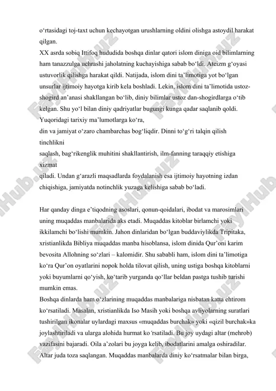 oy uydagi altar (mehrob) vazifasini bajaradi. oila a’zolari bu joyga kelib, ibodatlarini amalga oshiradilar. altar juda toza saqlangan. muqaddas manbalarda diniy ko‘rsatmalar bilan birga, odob-axloq, insonparvarlik, halollik, atrof-muhitni asrashga doir ko‘rsatmalar ham o‘rin olgan. shuni unutmaslik lozimki, hech qaysi dinning muqaddas manbasi begunoh insonlar, jonivorlarning qonini to‘kish, o‘g‘rilik, vayronagarchilikka buyurmaydi. buddaviylik matnlarida tinchlikparvarlik eng yuksak fazilat hisoblanib, g‘azab va qahri qattiqlik eng katta gunohlar sifatida e’tirof etiladi. jumladan, tripitakaning «dxammapada» kitobida shunday deyiladi: «illoki, bu dunyoda hech qachon nafrat nafrat bilan yengilmaydi, balki nafratning yo‘qligi bilan u ham barham topadi». mustaqillik ijtimoiy hayotning barcha sohalarida, jumladan, ma’naviy hayotdagi yangilanish jarayoni va tub o‘zgarishlar davrini boshlab berdi. dinga bo‘lgan munosabat ijobiy tomonga o‘zgardi: sobiq sovet tizimining dinga ateistik hujumkorlik siyosatiga barham berildi, vijdon erkinligi qonun orqali kafolatlandi. din kishilarni hamisha yaxshilikka, ezgu ishlarga chorlab kelgan. jumladan, otabobolarimizning muqaddas e’tiqodi bo‘lgan islom dini ham yuksak insoniy fazilatlarning shakllanishiga xizmat qilgan. u tufayli …