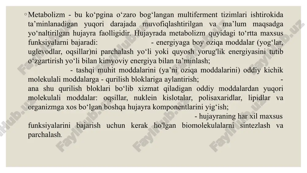 i. funksional almashinuv - bu hujayra, to‘qima va a’zolarni, xullas butun organizmning funksional faolliklarini ta’minlaydigan kimyoviy reaksiyalar kompleksi. funksional almashinuv, asosan energiyaning bir turdan boshqa turga aylanish jarayonlari biiai• bogmangan. tashqi muhit bilan almashinuv - organizmga oziqa mahsulotlari va kislorodni kirishi va almashinuvning oxirgi mahsulotlari (c 02, h20 , nh3, siydikchil)ni tashqi muhitga chiqarilishini o‘z ichiga oladi. oralik almashinuv - bu organizmga kirgan kimyoviy birikmalar bilan sodir bo‘ladigan kimyoviy reaksiyalar kompleksi. oralik almashinuv jarayonlarida hosil bo‘ladigan moddalar - metabolitlar deb ataladi. oraliq almashinuvi o‘zaro chambarchas bog‘langan, birini ikkinchisidan ajratib bo‘lmaydigan ikkita jarayon - anabolizm va katabolizmdan tashkil topgan. anabolik reaksiyalar hujayra va to'qimalarning struktura elementlarining hosil bo‘lishi vayangilanib lurishiga yo‘naltiri!gan bo‘lib. oddiy molekulalardan murakkab biomolekulalarning sintezini o‘z ichiga oladi. katabolik 0‘zgarishiar (reaksiyalar) - ham ovqat bilan kirayotgan, ham hujayra tarkibiga kirgan murakkab molekulalarni to oddiy komponentlargacha parchalanish jarayonidir. oralik almashinuvni bu har ikkala tomoni - anabolism va katabolizm vaqt va …