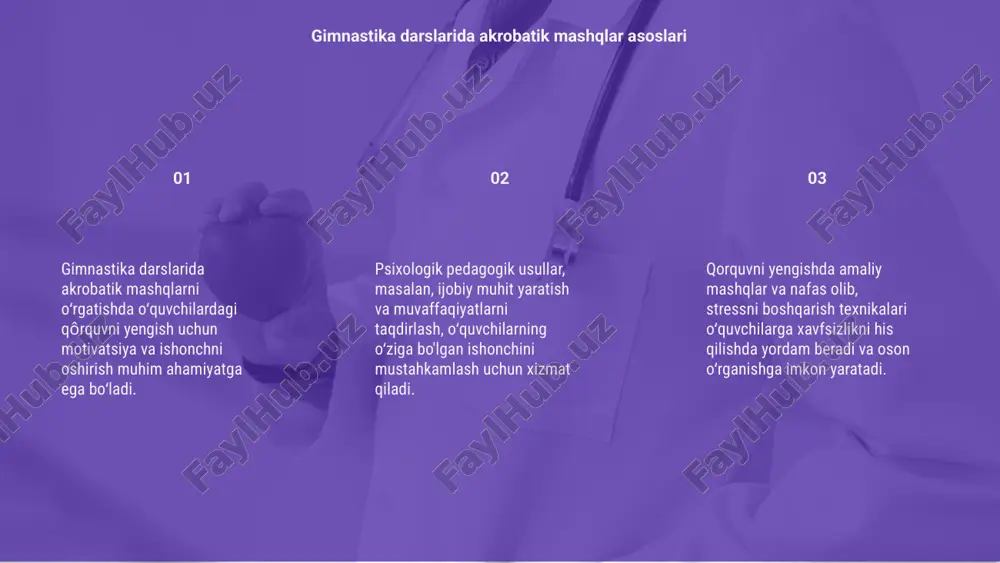 qlarni taqdirlash, o'quvchilarning oʻz-oʻziga bo'lgan ishonchini mustahkamlaydi. 03 muvaffaqiyatli amaliyotlar, ta'lim va sport muhitida psixologik oʻrganishlarni integratsiya qilish bilan, o'quvchilarning qo'rquvi kamayadi va harakatlari rivojlanadi. yakuniy yondashuvlar va muvaffaqiyatli amaliyotlar akrobatik mashqlarni oʻrgatishda oʻquvchilardagi qoʻrquvni yengish uchun tashabbuskor va ragʻbatlantiruvchi muhit yaratish muhimdir, ular ishonchini oshiradi. psixologik pedagogik usullar orqali oʻquvchilarning xavotirlarini aniqlash va ijobiy fikrlar bilan ularni qabul qilish, muvaffaqiyatga erishishlariga yordam beradi. o'qituvchilar maslahatlari bilan yoshlar bilan ochiq muloqot qilish, moslashuvchan yondashuv va ragʻbatlantirish texnikalari orqali qoʻrquvlarni kamaytirish mumkin. oʻqituvchilar uchun tavsiyalar va maslahatlar e’tiboringiz uchun rahmat image1.png image2.png image3.png image4.gif image5.png image6.png image7.png