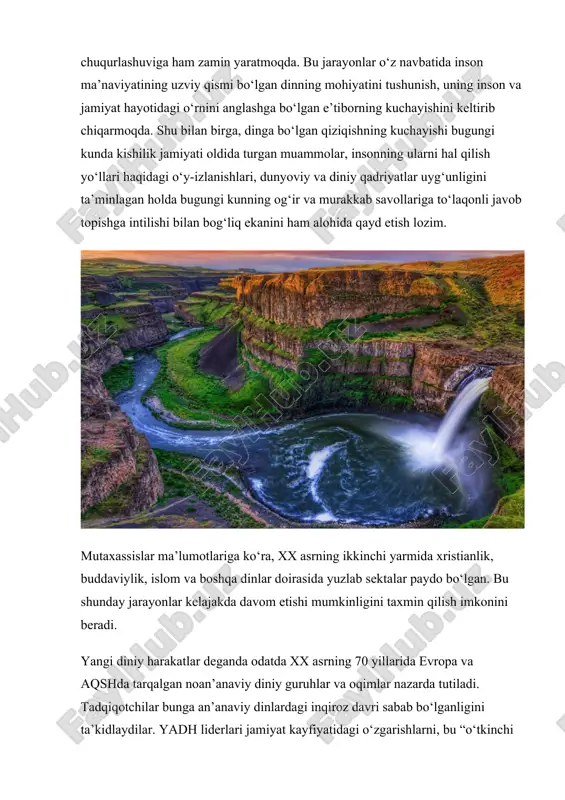 iy jihatdan piramida shaklida boshqariladi. yadhlarning aksariyati noqonuniy faoliyat yurituvchi, kriminal tashkilotlardir. (aum sinrikyo (tokio metrosi 10/5000 zah.), quyosh ehromi (fransiya va kanada) va b.). diniy ta’limotlarni buzib talqin qiluvchi harakatlarga: protestantlarning “ikkilamchi” birlashmalari – iogov shohidlari, oxirgi kun avliyolari iso masih cherkovi (mormonlar), masih serkovi (boston harakati); soxta xristian harakatlar – mun birlashtirish cherkovi, vissarion oxirgi ahdi cherkovi, oq birodarlar; sayentalogik kultlar – xristian ilmi, ron xabbard sayentologiya markazi, kloneyd, oq ekologlar harakati; neo- va kvaziorientalistik maktablar va kultlar – “tirik axloq”(agni yoga), krishnani anglash jamiyati, transsendental meditatsiya, aum-sinrekyo, saxadja-yoga va b.); yangi majusiy tashkilot va kultlar – “runvira” ukrain milliy e’tiqodi cherkovi, rossiya jarangli kedrlari, omsk “qadimgi diniy e’tiqodiga qaytish kulti” va boshqalar kiradi. sekta so‘zi, eng umumiy ma’noda, muayyan diniy, siyosiy yoki falsafiy qarashlarga ergashuvchilar guruhini anglatadi. diniy sekta deganda ma’lum bir dindagi rasmiy aqidalarga zid ravishda ajralib chiqqan yoki mavjud dinlar va konfessiyalarga umuman aloqasi bo‘lmagan …