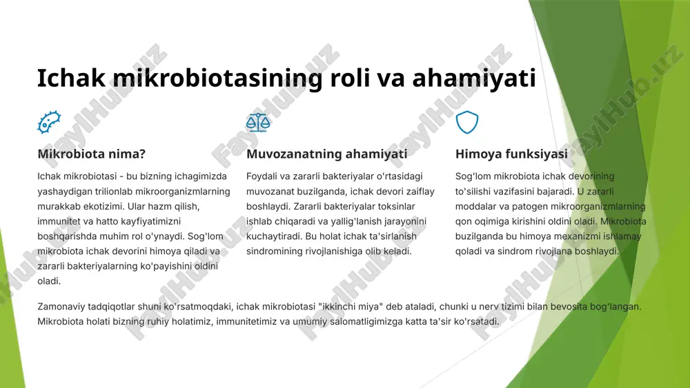 at hazm qilishda muammolar 2 umumiy alomatlar surunkali charchoq, bosh og'rig'i, mushak og'riqlari, uyqu buzilishi, konsentratsiya qilishda qiyinchilik 3 immunitet alomatlari tez-tez shamollash, allergik reaktsiyalar, otoimmun kasalliklar, teri muammolari tashxis usullari ichak ta'sirlanish sindromini tashxislash murakkab jarayon bo'lib, turli xil usullarni talab qiladi: laktuloza/mannitol testi - ichak o'tkazuvchanligi darajasini aniqlash zonulin darajasi - qonda ichak o'tkazuvchanlik markerini o'lchash mikrobiota tahlili - ichak bakteriyalari tarkibini tekshirish ovqat sezuvchanligi testlari - igg antikorlar darajasi yallig'lanish markerlari - crp, esr va boshqa ko'rsatkichlar ushbu testlar majmui shifokorga sindromning mavjudligi va darajasini aniq baholash imkonini beradi. 5 ichak devorining buzilishi va yallig'lanish jarayoni normal ichak devori sog'lom holatda ichak devori kuchli to'siq vazifasini bajaradi. enterositlar orasidagi qattiq bog'lanishlar (tight junctions) faqat zarur moddalarning o'tishiga ruxsat beradi. bu selektiv o'tkazuvchanlik organizm xavfsizligi uchun juda muhim. to'siq buzilishi turli omillar ta'sirida qattiq bog'lanishlar zaiflasha boshlaydi. zonulin va boshqa oqsillar ishlab chiqarilishi oshadi, bu esa ichak devorining …