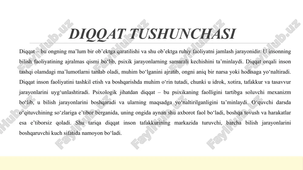 g barqarorligini mashq qilish, mehnatni to‘g‘ri rejalashtirish va dam olishni to‘g‘ri taqsimlash orqali kuchaytirish mumkin. maxsus psixologik mashqlar, konsentratsiya o‘yinlari, sport va meditatsiya kabi faoliyatlar ham diqqat barqarorligini rivojlantirishda samarali vosita hisoblanadi. diqqatning bo‘linuvchanligi diqqatning bo‘linuvchanligi — bu insonning bir vaqtning o‘zida bir nechta faoliyatni bajarish qobiliyatidir. bu xususiyat diqqatning moslashuvchanligi va miya faoliyatining muvofiqlashtirish darajasini ko‘rsatadi. odatda inson bir vaqtning o‘zida 2–3 ta oddiy faoliyatni bajarishi mumkin, masalan, o‘qish bilan birga eshitish yoki mashina haydash jarayonida suhbatlashish. biroq bu jarayonlarning samaradorligi diqqatning qanchalik taqsimlana olishiga bog‘liq. diqqatni bir necha faoliyatga bo‘lishda asosiy rolni tajriba, mashq va odatlanish o‘ynaydi. diqqatni bo‘linuvchanligini rivojlantirish uchun konsentratsiya o‘yinlari, psixologik mashqlar va maxsus treninglar muhim ahamiyatga ega. bunday mashqlar diqqatni boshqarish, uni bir nechta yo‘nalishda ushlab turish va chalg‘ituvchi omillarga bardosh berish ko‘nikmasini shakllantiradi. shu sababli diqqatni bo‘linuvchanligini rivojlantirish har qanday kasbiy va o‘quv faoliyatida muhim ahamiyat kasb etadi. diqqat turlari diqqat turlari insonning …