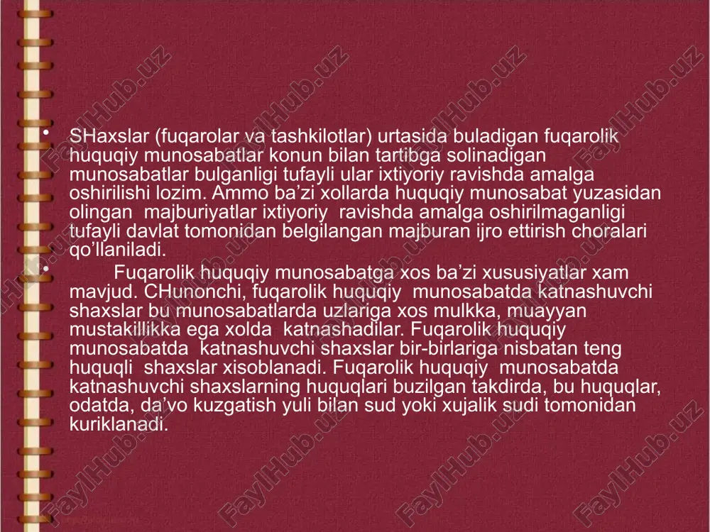 r buladi. fuqarolik huquqiy munosabatning ob’ekti, deb fuqarolik huquqiy munosabatda katnashuvchi shaxslarning sub’ektiv huquqlari va majburiyatlari nimaga karatilgan bulsa, shunga aytiladi. bular: ashyolar; ishlar va xizmatlar; intellektual faoliyat natijalari; shaxsiy mulkiy huquqlar va boshka moddiy xamda nomoddiy boyliklardir. fuqarolik huquqiy munosabatlarning ob’ektlari sifatida kurilgan ashyolar fuqarolik huquqida muxim axamiyatga ega. fuqarolik huquqiy munosabatlarning turlari fuqarolik huquqiy munosabatlar kuyidagi turlarga bulinadi: 1) mulkiy xarakterda va mulkiy xarakterda bulgan shaxsiy huquqiy munosabatlar. mulkiy xarakterdagi deganda, muayyan iktisodiy mazmunga ega bulgan ijtimoiy munosabatlar, masalan, mulk yuzasidan belgilanadigan, mulkni olish-sotish, ijaraga kuyish va boshkacha shaklda kuldan-kulga utkazish bilan boglik huquqiy munosabatlar anglashiladi. mulkiy xarakterda bulmagan shaxsiy huquqiy munosabatlar shaxs (fuqaro va tashkilot)ning uzi bilan bevosita boglik bulgan, birovga utkazilishi mumkin bulmagan shaxsiy huquqlar, chunonchi, shaxsning mualliflik nomi, kadr-kimmati va boshka shaxsiy manfaatlari bilan boglik bulgan huquqlardan iborat. www.arxiv.uz 2) mulokat va nisbiy huquqiy munosabatlar. mutlak (absalyut) huquqiy munosabatlarda sub’ektiv huquq egalari uz huquqlarining buzulmasligini …