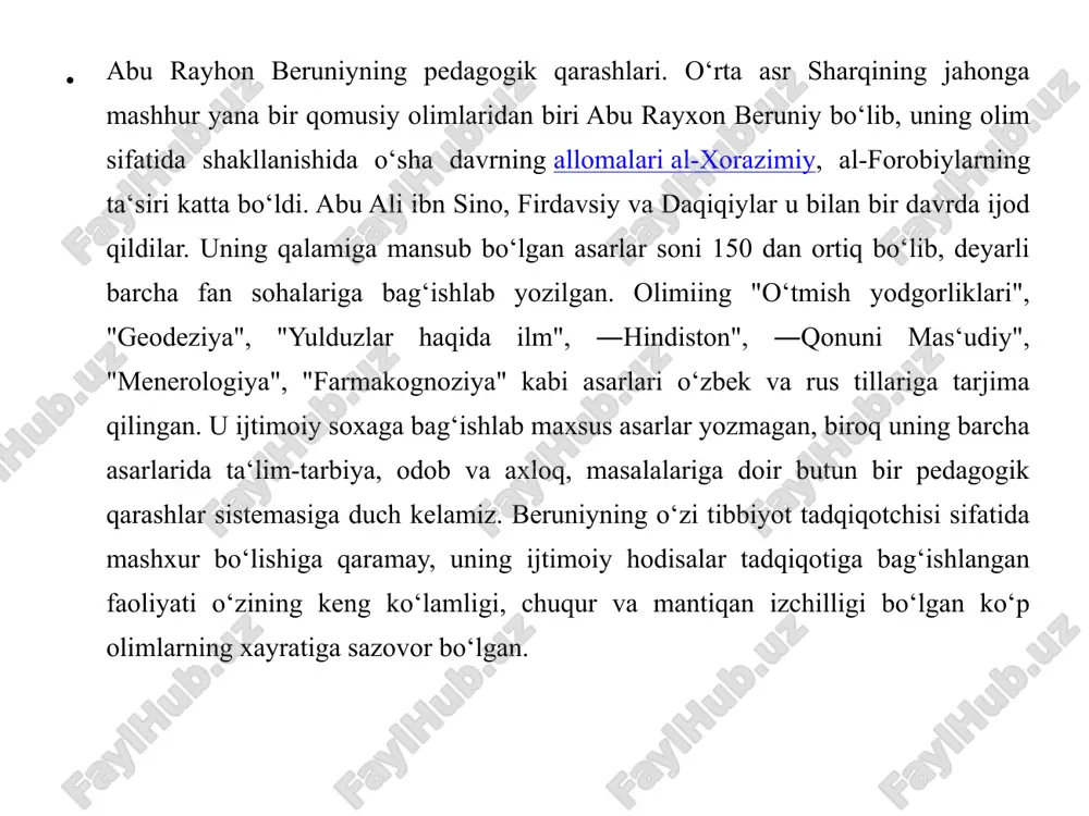 madaniy taraqqiyotda erishilgan yutuqlari o'z ichiga olgan davrgacha bo'lgan tariximiz ota- bobolarimizning boy qadimiy madaniyatga ega bo'lganligidan dalolat beradi;' ( eramizdan avvalgi birinchi ming yillikda baqtriya, xorazm, so'g'diyona, marg'iyona, parfiya hamda parkana kabi davlatlarda turli qabila va elatlar yashaganlar. ular soqlar, masog'utlar, so'g'dlar, xorazmiylar, boxtarlar, chochliklar, parkanaliklar kabi qabila va urug'lardan iborat bo'lib, hozirgi markaziy osiyo hududida yashovchi xalqlarning ajdodlari hisoblanadilar. turkiy va forsiyzabon xalqlarning hayot kechirish san’ati, donolik majmuasi sifatida yuzaga kelib, borliqqa amaliy munosabatda bo'lishning namunasi tarzida e’tirof etilgan ma’naviy madaniyat yodgorliklari qadimgi grek tarixchisi gerodotning «tarix», strabonning "geografiya" hamda mahmud koshg'ariyning «devonu lug'atit-turk» kabi asarlari, urxun-enasoy bitiklari kabi adabiy-tarixiy manbalarda saqlangan. ushbu yodgorliklar mohiyatini o'rganish insonning shakllanishida moddiy va ma’naviy madaniyat qay darajada katta o'rin tutganidan dalolat beradi. eramizdan oldin, taxminan 484(480)— 431(425) -yillari yashagan yunon tarixchisi herodotning «tarix» kitobida qadimgi forslar, soqlar, masog'utlarning ta’lim-tarbiya tarziga oid muhim ma’lumotlar berilgan. plutarxning qayd etishicha, aleksandr maqduniy yerli xalqlarga …