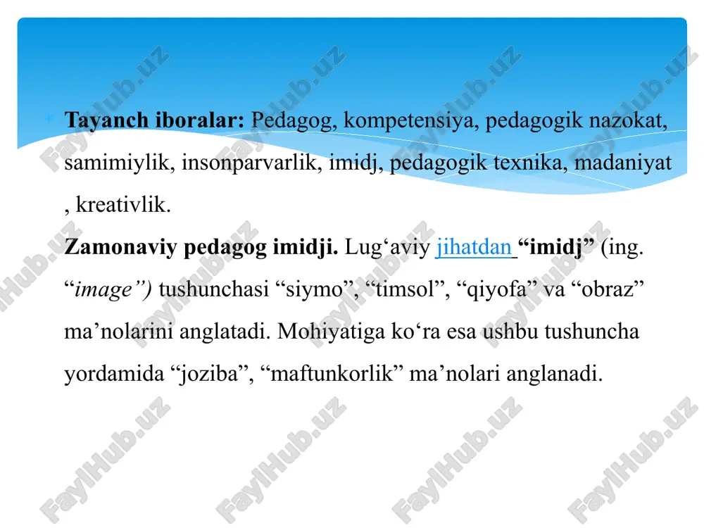 qilib tu­shuntira olishi kerak. oltinchidan, dars o‘tishning innovatsion metodlari va metodikalarini yaxshi bilishi hamda ularni darsda mohirlik bilan qo‘llay olishi lozim. yettinchidan, o‘qituvchi zamonaviy axborot-kommunikatsiya texnologiyalaridan foydalanishni bili­shi va darsda ulardan samarali foydalana olishi zarur. sakkizinchidan, o‘qituvchi chet tilla­ridan bir nechtasini (rus, ingliz…) bilishi va shu tillarda erkin muloqot qila olishi kerak. to‘qqizinchidan, o‘qituvchi­ning oilasi na’munali oila ham bo‘lishi zarur. o‘ninchidan, o‘qituvchi mahallasi va jamoasida yetarlicha hurmat-izzatga sazovor bo‘lishi ham kerak. yuqoridagilardan ko‘rinib turibdiki, pedagogdan juda ko‘p kasbiy va insoniylik xislatlari talab etiladi. shu sababli o‘qituvchi o‘z ustida tinimsiz va muttasil ishlashi, o‘zini isloh etib borishi, bilimi va xulqini doimiy takomillashtirib borishi zarur. buning uchun esa mamlakatimizda o‘qituvchilarga yetarlicha shart-sharoitlar yaratilmoqda. zero, prezidentimizning “o‘zbekistonda bugundan boshlab, eng hurmatli, eng e’zozli inson — bu muallim!” yoki “o‘qituv­chini hurmat qilmaganni men ham hurmat qilmayman!”, deb ta’kidlab turganligining o‘zi biz pedagoglarga katta kuch-quvvat bag‘ishlashi kerak, deb o‘ylayman. o’qituvchi kelajak bunyodkori! e’tiboringiz uchun tashakkur! …