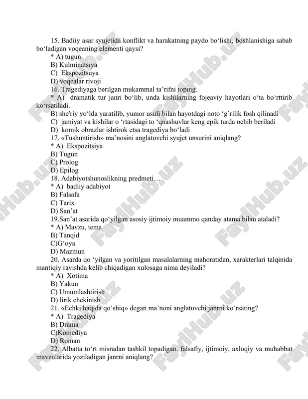 alanadi b) qofiyada tartib bo‘lishi shart emas c) toq misralar qofiyalanadi d) barcha misralar qofiyalanadi 26. asar tahlilida tazod, tashbeh kabi san’at vositalari nima uchun o‘rganiladi? *a) ma’noni kuchaytirish va ifoda uslubini aniqlash uchun b) tarixni o‘rganish uchun c) shoir ismini topish uchun d) qofiya sanash uchun 27. qabrtoshga yozilgan bitik qanday nomlanadi? *a) epitafiya b) epifora c) kulminatsiya d) ekspozitsiya 28. o‘zbek mumtoz adabiyotida asosiy she’riy shakl sanalgan qaysi sistemada bo‘g‘inlar sifati asosiy rol o‘ynaydi? *a) aruz b) barmoq c) sarbast d) barcha sistemada 29. tillar oilasi nomi bilan bog‘liq nasriy janrni toping? *a) roman b) povest c) elegiya d) hikoya 30. «yangilik» ma’nosini bildiradigan janrni aniqlang? *a) novella b)povest c) roman d) hikoya 31. muallif orzu, xayoli va idealini aks ettirishga qaratilgan ijodiy metodni ko‘rsating? *a) romantizm b) naturalizm c)sentimentalizm d)realizm 32. «moddiy», «haqiqiy», «hayotiy» ma’nolarini anglatuvchi ijodiy metod turini toping? *a) realizm b) naturalizm c)romantizm d)sentimentalizm 33. …
