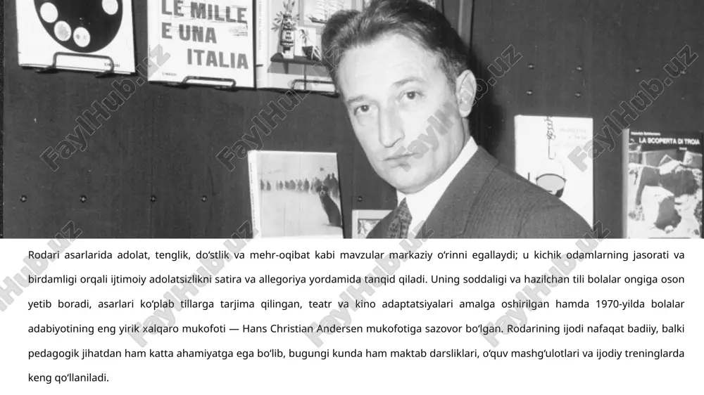 ino sarguzashtlari” asari ayniqsa mashhur. bu asar o‘zbek o‘quvchilari orasida adolat, do‘stlik va mardlik timsoli sifatida sevimli kitoblardan biriga aylangan. rodarining ijodiy merosi xalqaro miqyosda ham e’tirof etilib, 1970-yilda u hans christian andersen mukofoti — bolalar adabiyotining “nobel” darajasidagi eng yirik mukofoti bilan taqdirlangan. bu mukofot unga bolalar tafakkurini rivojlantirish, adolat va insonparvarlik g‘oyalarini ijodkorona ifoda etgani uchun berilgan. bugungi kunda ham rodarining asarlari yevropa, osiyo va lotin amerikasi mamlakatlarida o‘qituvchilar va bolalar tomonidan o‘qiladi, teatr sahnalarida sahnalashtiriladi va bolalar adabiyotining klassik namunalari qatorida qadrlanadi. mashhur asarlari: “sehrli telefon” (favole al telefono) – har bir hikoya orqali insoniy fazilatlar, mehr va samimiyatni targ‘ib etuvchi asar bo‘lib, unda kichik voqealar orqali katta ma’nolar ifodalangan. “chipollino sarguzashtlari” (le avventure di cipollino) – adolat, mehnatkashlik va tenglik g‘oyalarini ilgari suruvchi mashhur asar bo‘lib, unda meva-sabzavot qahramonlar orqali ijtimoiy hayotdagi muammolar ochib beriladi. mashhur asarlari: “grammatikadan chiqib ketgan qahramonlar” (il libro degli errori) – …