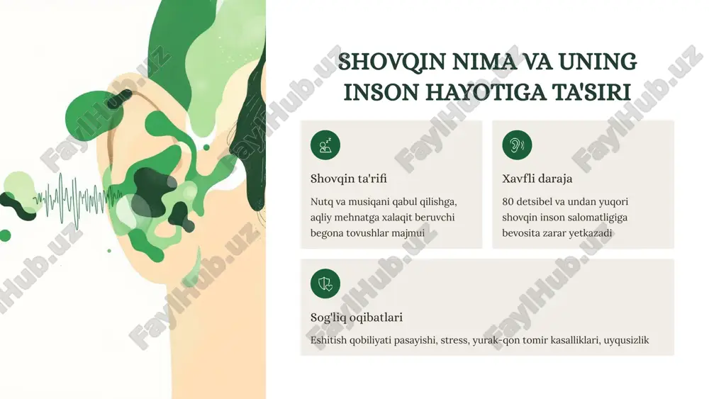 shaxsiy javobgarlik har birimiz shovqin manbalarini aniqlab, himoya choralarini ko'rishimiz va atrofdagilarni xabardor qilishimiz zarur. kelajak yo'nalishi sog'lom muhit — farovon hayot uchun asos. shovqin bilan kurashish jamiyat va davlat darajasida muhim vazifa hisoblanadi. "sukunat — eng qimmatbaho ne'mat. uni asrab-avaylaylik va kelajak avlodlar uchun saqlab qolaylik." 11 e’tiboringiz uchun rahmat! image1.png image2.png image3.png image4.png image5.png image6.png image7.png image8.png image9.png image10.png image11.png image12.png image13.png image14.png
