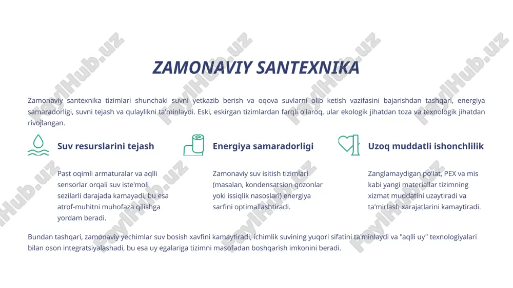 urada muammo yuzaga kelsa, butun tizimni emas, faqat o'sha nuqta suvini o'chirish mumkin. kamroq birikmalar mavjudligi tufayli oqish xavfi minimaldir. quvurlar devor ichida yashirin joylashgan bo'lsa, ularni topish va ta'mirlash osonlashadi. montaj paytida pex quvurlari maksimal darajada yoy qilib yotqizilishi va keskin burilishlardan qochish kerak. shuningdek, quvurlarni issiqlik izolyatsiyasi bilan ta'minlash, ayniqsa devor va pollarda, kondensatsiya oldini olish uchun juda muhimdir. qo'shimcha maslahat: metall va pex quvurlari ulanadigan joylarda dielektrik armaturalardan foydalanish, galvanik korroziya xavfini bartaraf etadi. 6 kanalizatsiya tizimlarini o'rnatishning o'ziga xos xususiyatlari kanalizatsiya tizimi gravitatsiya kuchi bilan ishlaydi, shuning uchun quvurlarning to'g'ri nishabga (gradient) ega bo'lishi tizimning samarali ishlashi va tiqilmasligi uchun hal qiluvchi ahamiyatga ega. kanalizatsiya montajidagi muhim jihatlar: nishab (gradient): odatda har bir metr uchun 2 sm nishab tavsiya etiladi. haddan tashqari tik nishab qattiq qoldiqlarning orqada qolishiga olib kelishi mumkin, juda tekis nishab esa oqim tezligini kamaytiradi. ventilyatsiya: kanalizatsiya ventilyatsiya liniyasi (roof vent) o'rnatilishi shart. …