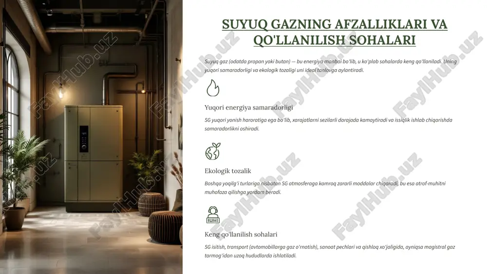 poydevor tayyorlanadi. idishni o'rnatish gazgolder belgilangan joyga o'rnatiladi va zanglashga qarshi qoplamaning butunligi tekshiriladi. quvur o'tkazish gazgolderdan binoga gaz quvurlari tortiladi. barcha birikmalar sızdırmazlık uchun yuqori sifatli materiallar bilan mustahkamlanadi. reduktor va armaturalarni ulash bosim reduktori va xavfsizlik klapanlari o'rnatiladi. ular orasidagi bosim o'lchagichlar to'g'ri ishlashiga ishonch hosil qilinadi. iste'molchilarni ulash quvur liniyasi qozonxonaga yoki boshqa gaz iste'mol qiluvchi uskunaga ulanadi. 7 sinov va ishga tushirish: tizimning ishlashini tekshirish montaj tugagandan so'ng, tizimning ishlashi va xavfsizligi har tomonlama sinovdan o'tkaziladi. bu jarayon yakuniy xavfsizlikni kafolatlash uchun ajralmasdir. germetiklik sinovi quvur liniyasidagi va ulanish joylaridagi barcha sızdırmazlık joylari gaz sızdırılmayotganligini tekshirish uchun bosim ostida sinovdan o'tkaziladi. gaz bilan to'ldirish idish birinchi marta suyuq gaz bilan to'ldiriladi. bu jarayon faqat maxsus ruxsatga ega xodimlar tomonidan amalga oshirilishi kerak. uskunani ishga tushirish qozon va boshqa gaz jihozlari ketma-ket ishga tushiriladi, yonish rejimi va bosim parametrlari nazorat qilinadi. hujjatlarni rasmiylashtirish barcha sinov natijalari va …