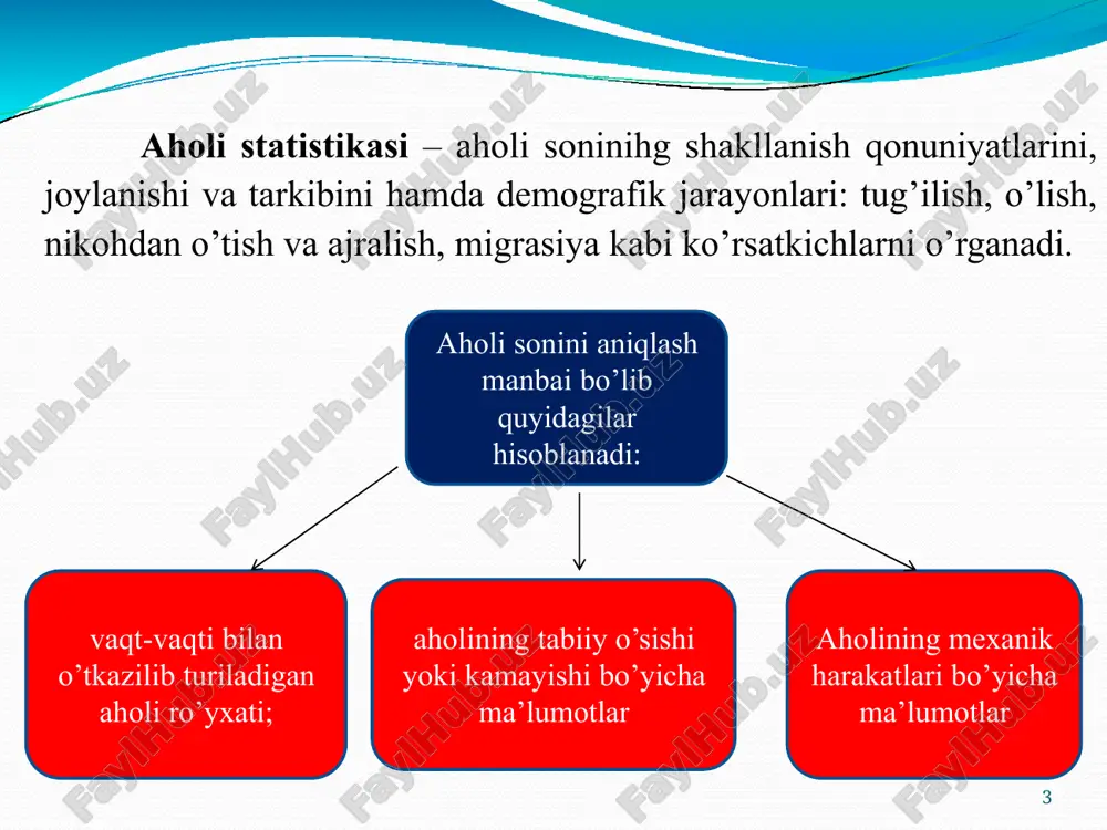 blashda aholining soni(a0), tabiiy o’zgarish(kto’) yoki umumiy yil boshidagi o’zgarishi bajaradi. koeffitsientlari boshlang’ich ma’lumot vazifasini hisoblash quyidagicha bajariladi:     1 2 to' 1  k kto' a1  a0  1     14   2 1 to' 1  k kto' a2  a1  1   bu erda a1 va a0-aholining joriy yil oxiridagi va keyingi yil boshidagi soni; kto' -tabiiy o’zgarish (yoki umumiy o’zgarish) koeffitsientlari; 15     1    a0  1 k 1 2 to'  kto' - joriy yilda aholi sonining qo’shimcha o’zgarishi, ya’ni    12    a1  2 1  k to'  kto' a1  a0  1 - keyingi yilda qo’shimcha o’zgarishi lozim bo’lgan aholi soni, ya’ni a2  a1  2 yoshni siljitish usulida aholining perspektiv soni quyidagi formula yordamida aniqlanadi: ixpx=ix+1 ix - …