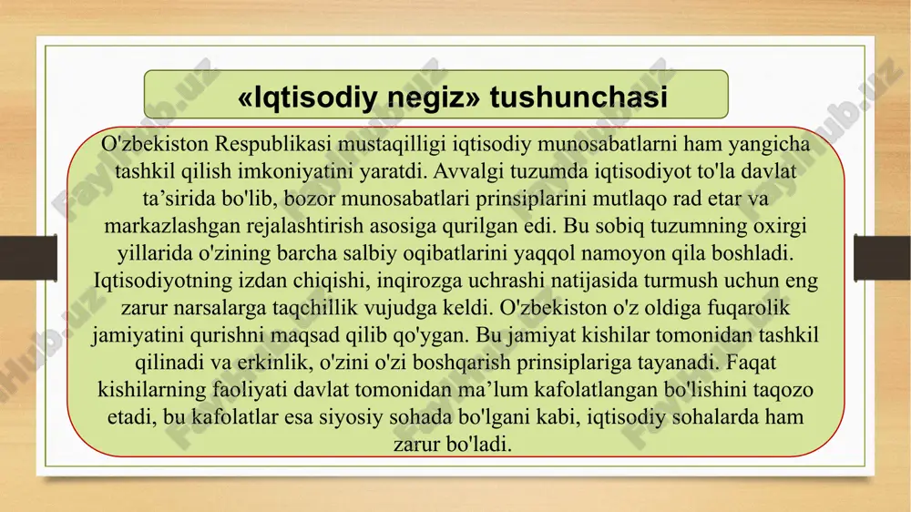 i saqlanib qolingan. shuningdek, barcha mulk shakllarini teng huquqligi, himoya qilinishi, xususiy mulkni daxlsizligi, mulkdor mulkidan tegishli asoslarsiz, sud qarorisiz mahrum qilinmasligi prinsiplari belgilangan. davlat ana shu prinsiplarni amalga oshirishni ta’minlaydi va jamiyat iqtisodiy negizlarining huquqiy asoslarini mustahkamlash vazifasini bajaradi. shunday qilib, jamiyatning iqtisodiy negizlari, bu - xilma-xil mulk shakllari (ommaviy, umumxalq va xususiy mulk) turli qonunga muvofiq tashkil qilinadigan iqtisodiy faoliyat, barcha mulklarni bab-baravar muhofaza qilish mexanizmlaridan iboratdir. bozor iqtisodiyoti sharoitida davlatning iqtisodiy boshqarish faoliyati cheklanadi. shu sababli o'zbekiston prezidenti «... iqtisodiyoini boshqarishda davlat aralashuvini keskin kamaytirish lozim», deb aniq ko'rsatma bergan. mulk shakllari, ularning teng huquqliligi o'zbekiston konstitutsiyasining 65-moddasi qoidalaridan kelib chiqilsa, o'zbekistonda mulk turli shakllarda mavjud bo'lishi ayon bo'ladi. konstitutsiyaning shu normasi asosida mamlakatda xususiy mulk va umummilliy boylik hisoblanuvchi davlat mulki mavjudligini ko'rish mumkin. umummilliy boylik hisoblanuvchi obyektlar konstitutsiyada bevosita davlat mulki deb atalmasada, boshqa qonunlarda ularning davlat mulki maqomi ko'rsatib qo'yilgan. konstitutsiyaning shu moddasida mulk …