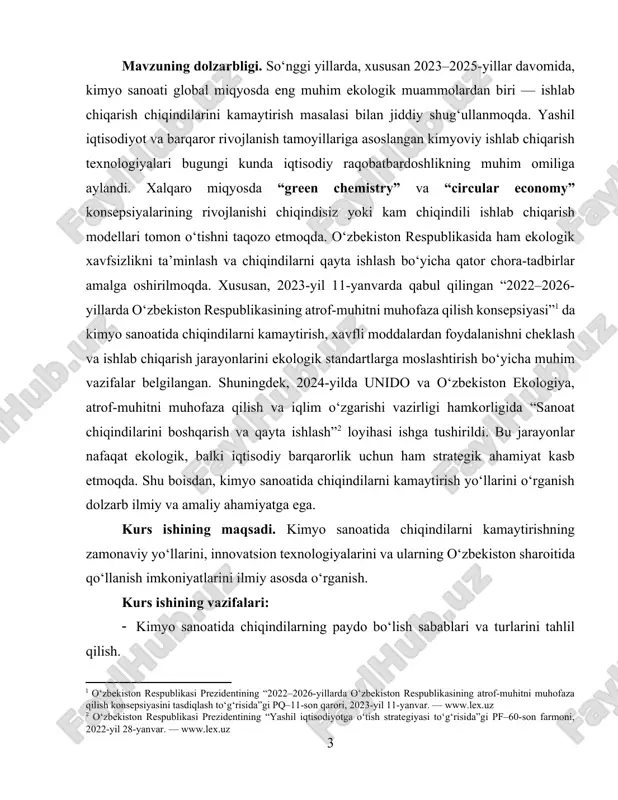 larida chiqindilarni kamaytirishning texnologik, ekologik va iqtisodiy jihatlari. kurs ishining metodologiyasi. tadqiqotda tahliliy, qiyosiy, statistik, hamda zamonaviy ilmiy yondashuv — yashil kimyo va aylanma iqtisodiyot konsepsiyalariga asoslangan metodlardan foydalanilgan. shuningdek, 2023–2025-yillarda e’lon qilingan xalqaro va milliy hisobotlar (unido, unep, deloitte, o‘zbekiston ekologiya hisobotlari) tahlil qilindi. kurs ishning tuzilmasi. kurs ishi kirish, ikki bob, xulosa va foydalanilgan adabiyotlar ro‘yxatidan iborat. · birinchi bobda kimyo sanoatida chiqindilarni kamaytirishning nazariy asoslari, yashil kimyo tamoyillari va zamonaviy texnologik yondashuvlar yoritiladi. · ikkinchi bobda o‘zbekiston kimyo sanoatidagi chiqindilarni kamaytirish bo‘yicha amaliy tajribalar, xalqaro hamkorlik loyihalari va istiqbolli takliflar tahlil qilinadi. · ish xulosa va foydalanilgan adabiyotlar bilan yakunlanadi. i-bob. kimyo sanoatining iqtisodiy va ekologik asoslari 1.1. kimyo sanoatining iqtisodiy ahamiyati va tarmoq sifatida o‘rni kimyo sanoati milliy iqtisodiyotning strukturaviy jihatdan muhim bo‘g‘inlaridan biri bo‘lib, uning funksiyalari va ta’siri ko‘p qirralidir. bir tomondan, kimyo korxonalari xomashyo va yarimtayyor mahsulotlar ishlab chiqarish orqali boshqa sanoat tarmoqlarining uzluksiz …