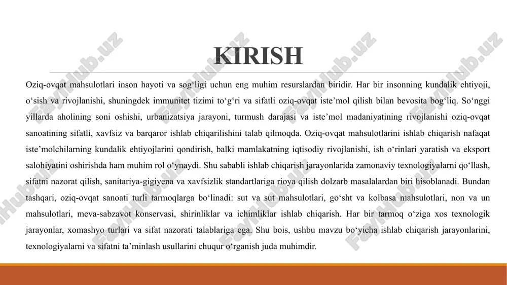 etana va boshqa mahsulotlar tayyorlanadi. tayyorlash jarayonida maxsus fermentlar, pishirish yoki sovutish ishlovlari qo‘llaniladi. sifat nazorati doimiy olib boriladi: bakterial indeks, yog‘ miqdori, oqsil va boshqa oziqlik komponentlari tekshiriladi, bu mahsulotning xavfsizligi va foydali xususiyatlarini ta’minlaydi. zamonaviy ishlab chiqarish liniyalarida avtomatlashtirilgan texnologiyalar yordamida sifat nazorati va ishlab chiqarish samaradorligi oshiriladi. go‘sht va kolbasa mahsulotlari go‘sht kesilib, maydalab, tuzlanadi va ziravorlar qo‘shiladi. tayyorlangan aralashma kolbasa va boshqa mahsulotlar shakliga keltirilib, termik ishlovdan o‘tkaziladi. ishlab chiqarishda xavfsizlik nazorati doimiy olib boriladi: mikroblar, toksinlar va konservalash jarayonlari tekshiriladi, bu mahsulotning sifatini va iste’molchi sog‘ligini ta’minlaydi. non va un mahsulotlari non va un mahsulotlari ishlab chiqarish jarayoni xom bug‘doyni tozalash va maydalashdan boshlanadi. bug‘doy elakdan o‘tkazilib, un olinadi, uning sifat ko‘rsatkichlari, namligi va tozaligi tekshiriladi. keyinchalik un xamirga aylanadi, xamir yoğirilib, elastikligi va yumshoqligi ta’minlanadi. tayyor xamir maxsus shakllantirish uskunalarida kerakli shaklga keltiriladi va pishirish jarayoniga tayyorlanadi. pishirish jarayonida harorat va vaqt qat’iy nazorat …