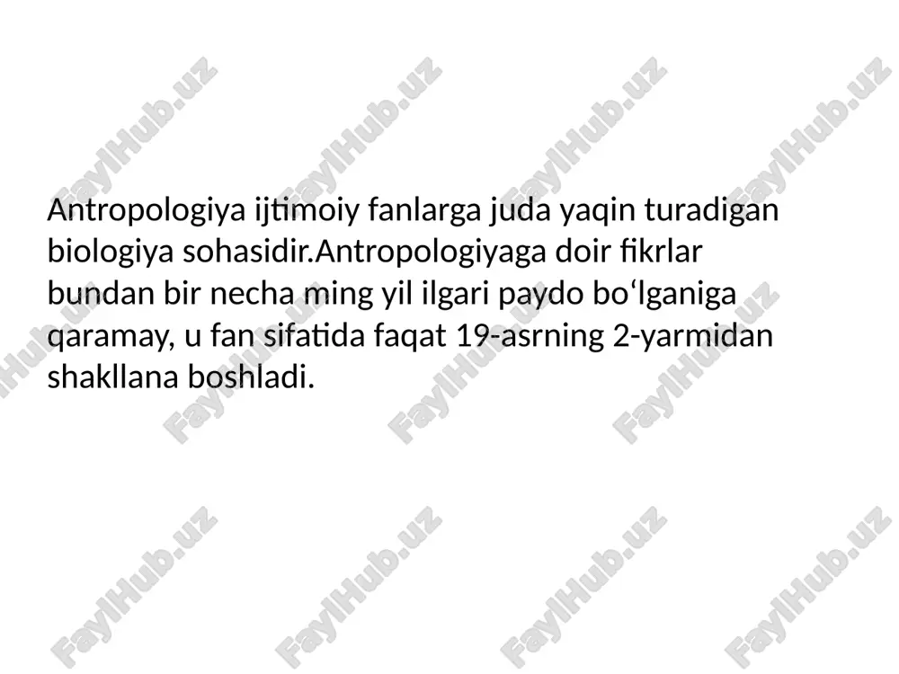 i farq; inson va ongning falsafiy va tabiiy ilmiy darajalari o'rtasida. odamning paydo bo‘lishida faqat tabiat olamining qonuniyatlarigina emas, balki ijtimoiy omillar ham muhim rol o‘ynagan. odam paydo bo‘lgandan hozirgi holatigacha uning butun hayoti ijtimoiy jamiyatning rivojlanish qonuniyati bilan chambarchas bog‘langan. antropologiyaning fan bo‘lib rivojlanishida tabiat va jamiyat to‘g‘risidagi fanlar ijobiy rol o‘ynadi. morfologiya odamning jismoniy tuzilishidagi belgilarning yosh, jins, kasb va tashqi sharoitga qarab o‘zgarishini tushuntirib beradi. irqshunoslik odamzod irqlarining kelib chiqish davri va sabablarini, ularning yer yuziga tarqalishini izohlab, etnogenez muammolarini yechishga ham o‘z hissasini qo‘shadi. 1943-yilda “etnografiya” bo‘limi tashkil etilgan. mazkur bo‘lim keyingi yillarda “o‘zbek xalqi etnografiyasi” va “etnogenez va etnik tarix” nomlari bilan faoliyat olib borgan. 2020-yil 8-iyundan boshlab “etnologiya va antropologiya” markazi sifatida faoliyat yuritib kelmoqda. antropologiya odamning kelib chiqishi va evolyutsiyasi, odamzod irqlarining paydo boʻlishi, odamning tana tuzilishidagi normal farq-tafovut, oʻzgaruvchanlik haqidagi fan. ijtimoiy antropologiya-bu butun dunyo bo'ylab odamlarning turli xil ijtimoiy va madaniy …