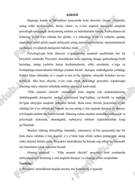 ‘ridan-to‘g‘ri baholamaydi, balki u chizgan, aytgan yoki yaratgan obrazlar orqali ichki dunyosini “ochadi”. bu usullar ayniqsa bolalar bilan ishlashda muhim, chunki bola o‘z kechinmalarini og‘zaki ifodalay olmaydi, ammo rasm orqali ularni oson ifodalaydi. bolaning “men” obrazi va o‘zini anglashning psixologik asoslari bola o‘zini anglash — bu uning shaxs sifatida kimligini, oiladagi va ijtimoiy muhitdagi o‘rnini tushunish jarayonidir. psixologlar fikricha, o‘zini anglash 3 yoshdan boshlab shakllana boshlaydi va bu jarayonda oila muhitining roli beqiyosdir. bola ota-onaning munosabati, oiladagi hissiy muhit orqali o‘ziga nisbatan ijobiy yoki salbiy “men” obrazini shakllantiradi. e. erikson nazariyasida aytilishicha, maktabgacha yoshdagi davrda bola o‘z faoliyatining natijasini ko‘ra olish va atrofdagilar tomonidan baholanishga ehtiyoj sezadi. agar u doimo qo‘llab-quvvatlansa, o‘ziga ishonchli, faol shaxsga aylanadi. aks holda, o‘zini noqulay, keraksiz deb his etadi. shuning uchun bola rasm chizayotganda kimni katta, kimni kichik chizgani, kimni yoniga joylashtirgani, kimni umuman chizmagani — bularning barchasi uning ichki kechinmalaridan darak beradi. proyektiv testlarning …
