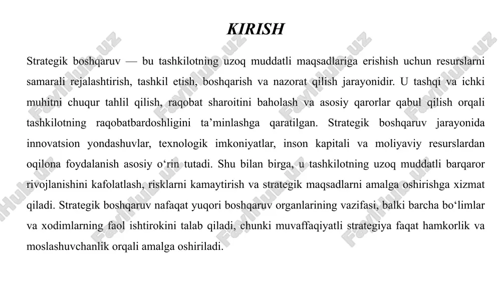 ijtimoiy va texnologik omillarni o‘rganadi. porterning 5 kuch modeli raqobat muhitini tahlil qiladi: raqobatchilar, mijozlar, yetkazib beruvchilar, yangi kiruvchilar tahdidi va o‘rnini bosuvchi mahsulotlar ta’siri hisobga olinadi. ushbu vositalar strategik reja va boshqaruv jarayonlarini samarali amalga oshirishga imkon beradi. strategik boshqaruvda muvaffaqiyat omillari strategik boshqaruvda muvaffaqiyatga erishish uchun bir nechta muhim omillar mavjud. jamoaviy ish va samarali hamkorlik tashkilot ichidagi bo‘limlar va xodimlar o‘rtasida o‘zaro aloqani mustahkamlaydi, qarorlar tez va samarali qabul qilinishini ta’minlaydi. moslashuvchan boshqaruv tuzilmasi o‘zgaruvchan bozor sharoitlariga tez moslashish imkonini beradi, yangi imkoniyatlardan foydalanish va xavflarni kamaytirishga yordam beradi. innovatsiyalarni doimiy qo‘llab-quvvatlash raqobatbardoshlikni oshiradi, yangi mahsulotlar va texnologiyalarni joriy etish orqali tashkilotning bozor pozitsiyasini mustahkamlaydi. asosiy ko‘rsatkichlarni muntazam monitoring qilish va tahlil qilish strategik maqsadlarga erishish darajasini aniqlash, muammolarni vaqtida aniqlash va tuzatish choralarini qo‘llash imkonini beradi. shu bilan birga, asosiy qobiliyatlarni doimiy rivojlantirish va zamon talablariga moslash tashkilotning uzoq muddatli muvaffaqiyati va raqobatbardoshligini kafolatlaydi, resurslardan samarali …