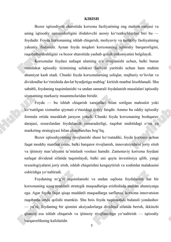 , innovatsion jarayonlarni moliyalashtiradi va davlat byudjeti daromadlarini to‘ldiradi. shuningdek, foydaning to‘g‘ri taqsimlanishi korxonalar o‘rtasida sog‘lom raqobatni shakllantirishga, moliyaviy intizomni kuchaytirishga va ijtimoiy mas’uliyatni oshirishga yordam beradi. aksincha, noto‘g‘ri taqsimlangan foyda resurslarning samarasiz ishlatilishiga, korxonaning moliyaviy qiyinchiliklariga, hatto bankrotlikka olib kelishi mumkin. shu bois mazkur kurs ishi orqali foydaning shakllanishi, taqsimlanishi va ishlatilishi jarayonlarini nazariy hamda amaliy jihatdan tahlil qilish, ularning o‘zaro bog‘liqligini aniqlash va samaradorlikni oshirish yo‘llarini ishlab chiqish maqsad qilingan. kurs ishining maqsadi:korxona foydasining shakllanishi, taqsimlanishi va undan oqilona foydalanish mexanizmlarini nazariy va amaliy jihatdan o‘rganish. kurs ishining vazifalari: 1. foyda tushunchasi va uning iqtisodiy mohiyatini yoritish; 2. foydaning shakllanish manbalari va unga ta’sir etuvchi omillarni aniqlash; 3. foyda taqsimoti tizimini tahlil qilish; 4. foydadan foydalanishning samaradorligini oshirish yo‘llarini ishlab chiqish; 5. o‘zbekiston korxonalarida foydani taqsimlash tajribasini o‘rganish. tadqiqotning predmeti:korxona faoliyatida foydaning taqsimlanishi va undan foydalanish mexanizmlari. tadqiqotning ob’ekti:o‘zbekiston korxonalari (xususan, ishlab chiqarish tarmog‘idagi yirik korxonalar) moliyaviy natijalari …