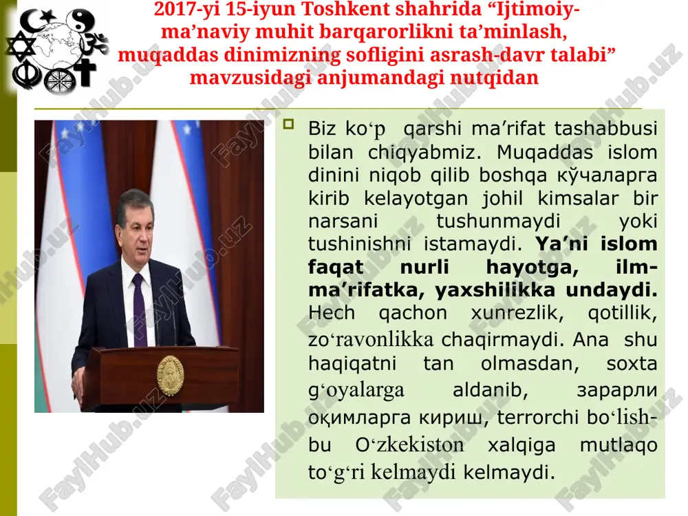 smiy diniy rahnamolarni obrosizlantirish mazhabsizlik bunday internet saytlar to‘satdan paydo bo‘ladi, vaqt o‘tgach yo‘qoladi, mazmunini o‘zgartirmagan holda, tez-tez nomlanishi va domenini o‘zgartirib turadi. mobil ilovallar: «jihad kitabi» ilovasi 10 ming marotaba yuklab olingan «islamskie pesni – nashid» ilovasi 1 milliondan ortiq yuklab olingan «darslik player» ilovasi 1 mingdan ortiq yuklab oligan «jihad nasheed» ilovasi 1 mingdan ortiq yuklab olingan. «isis watch» ilovasi 100 ming marotaba yuklab olingan. «isis news» ilovasi 5 mingdan ortiq yuklab olingan. bu ilovalarda har xil tillarda, jumladan o‘zbek tilida ham «jihodchilik» g‘oyasi va uni amalga oshirish usullarini targ‘ib qilinadi. terrorchi tashkilotlar va jangarilik faoliyatini targ‘ib qilishga va ommalashuviga turtki bo‘layotgan maqsadli virtual mobil o‘yinlar ishlab chiqmoqda «battle games» 500 ming marotaba yuklab olingan «abuazraiale» 200 ming marotaba yuklab olingan «voin v terroristicheskoy bazovo» 200 ming marotaba yuklab olingan “ey dono odam! sen eng avvalo narsalarning mohiyatini bil, ularning aldamchi go‘zal shakliga ishonma!” jaloliddin rumiy tavsiya etilmaydigan …