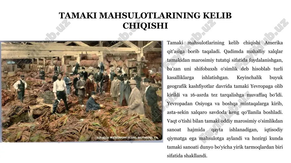 nlari yaratadi. ushbu soha nafaqat qayta ishlash sanoatini, balki qishloq xo‘jaligini ham qo‘llab-quvvatlaydi, chunki tamaki yetishtirish fermer xo‘jaliklari uchun muhim daromad manbai hisoblanadi. tamaki mahsulotlarining eksport salohiyati ham yuqori bo‘lib, ayrim mamlakatlarda valyuta tushumlarini oshirishda katta rol o‘ynaydi. o‘zbekistonda esa tamaki importi nisbatan yuqori bo‘lib, ichki qayta ishlovchi sanoatlar faoliyat yuritadi va tamaki xom ashyosi ko‘pincha chetdan olib kelinadi. shu bois tamaki sanoati mamlakat iqtisodiy tizimida o‘ziga xos o‘rin egallaydi. tamaki sanoati kompaniyalari dunyo tamaki bozorida yirik transmilliy kompaniyalar faoliyat olib boradi va ular global ishlab chiqarish hamda savdo zanjirlarini boshqaradi. eng mashhur kompaniyalar qatoriga philip morris international, british american tobacco, japan tobacco international va imperial brands kiradi. bu korxonalar turli tamaki mahsulotlari, jumladan sigaret, vape va boshqa nikotin mahsulotlarini ishlab chiqaradi hamda jahon bozorining katta qismini nazorat qiladi. o‘zbekistonda esa tamaki sanoatining asosiy vakillaridan biri — uzbekistan british american tobacco qo‘shma korxonasi bo‘lib, mamlakat bozorida tamaki mahsulotlari ishlab chiqarish …