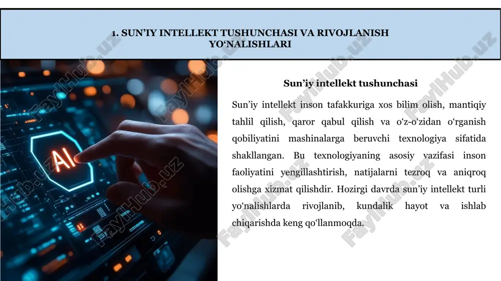 arini tahlil qilishni keltirish mumkin. narsalar interneti texnologiyasi turli qurilmalarni internet tarmog‘i orqali o‘zaro bog‘lash imkonini beradi. bu texnologiya sanoat ishlab chiqarishida, uy-joy boshqaruvida, transport tizimlarida va aqlli shahar konsepsiyasida keng qo‘llanmoqda. iot orqali obyektlar o‘zaro axborot almashadi va real vaqt rejimida boshqaruv imkoniyati yaratiladi. mobil aloqa texnologiyalarining yangi avlodi — 5g va istiqbolda 6g tizimlari yuqori tezlik, ishonchli ulanish va katta hajmdagi ma’lumotlarni uzatish imkoniyatlarini taqdim etmoqda. bu texnologiyalar sun’iy intellekt, katta ma’lumotlar va iot kabi yo‘nalishlarning samarali ishlashini ta’minlaydi. ayniqsa, tibbiyotda masofaviy jarrohlik amaliyotlari, transportda avtonom avtomobillarni boshqarish kabi jarayonlarda bunday texnologiyalarning ahamiyati juda katta. kibermuhofaza esa it sohasining eng dolzarb yo‘nalishlaridan biri hisoblanadi. chunki ma’lumotlarning global tarmoq orqali almashinuvi ortishi bilan xavfsizlikka bo‘lgan ehtiyoj ham kuchaymoqda. shaxsiy va korporativ ma’lumotlarni himoya qilish, kiberhujumlarning oldini olish va axborot tizimlarining barqaror ishlashini ta’minlash zamonaviy it rivojlanishining asosiy shartlaridan biridir. hozirgi kunda itning har bir yangi tendensiyasi sun’iy intellekt bilan …