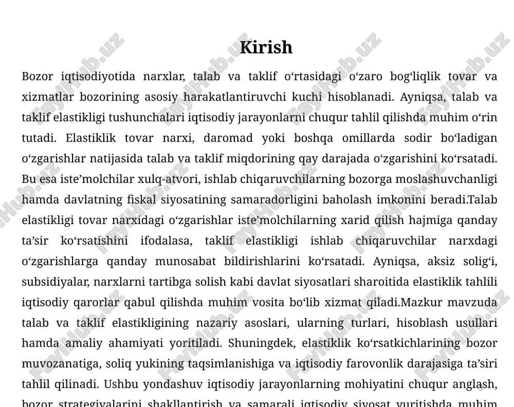 quyidagilarga bo‘linadi: normal tovarlar, agar er>0 bo‘lsa; yuqori (hashamat) toifali tovarlar, agar er>1 bo‘lsa; quyi tovarlar, agar er<0 bo‘lsa. 11 soliq yukining taqsimlanishi p1 p0 pm e1 e0 soliq yuki ortiqchaligi m s1 s iste’molchi to’laydigan qism ishlab chiqaruvchi to’laydigan qism 12 sigaret bozori quyidagicha ifodalangan: taklif funksiyasi: 𝑄𝑠=3200+4𝑃 bozorda muvozanat narx: 𝑃𝑒=500 so‘m davlat tomonidan har bir sigaret qutisiga 50 so‘m miqdorida aksiz solig‘i joriy etildi. talabning narx bo‘yicha elastikligi: 𝐸𝑑=−0.5 talab qilinadi: sigaret bozorining yangi muvozanat parametrlari, soliq yukining iste'molchi va ishlab chiqaruvchilar o‘rtasida taqsimlanishi hamda soliq tufayli yuzaga keladigan ortiqcha yo‘qotish qiymatini aniqlash. 13 7800 1500 e0 qe=5200 pe=500 s 3200 s1 t=50 p1=522 p2=472 5088 3000 e1 q p qe=3200+4*500=5200 epd=-b*p/q; -05=-b*500/5200 b=-5.2 qd=a-bp; 5200=a-5.2*500 a=7800. demak, talab funktsiyasi qd=7800-5.2*p ga teng. qs=3200=4(p-50) 3000+4*p qe1=3000+4*p=7800-5.2 p1=522 qe1=5088 sa=5088*(522-500)= 111936 co'm sb=5088*(500-472)= 142464 co'm sc=1/2*(522-472)*(5200-5088) =2800 co'm xulosa 14 talab va taklif elastikligi bozor iqtisodiyoti nazariyasining asosiy …