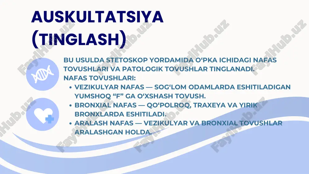 a aniqlay oladi. auskultatsiya — nafas yo‘llari kasalliklarini erta aniqlashda eng muhim usullardan biridir. u yordamida o‘pka va bronxlarning havo o‘tkazuvchanligi, yallig‘lanish darajasi hamda suyuqlik yoki havo to‘planishini aniqlash mumkin. e’tibor uchun rahmat