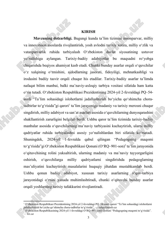 abiyotlar bu borada eng ta’sirchan vosita bo‘lib, ular orqali o‘quvchilarga milliy o‘zlikni anglash, tarixdan saboq olish, ajdodlarga hurmat bilan qarash va zamonaviy fikrlashni uyg‘unlashtirish imkoniyati yaratiladi. shuning uchun ham mazkur mavzuning o‘rganilishi bugungi ta’lim tizimi uchun dolzarb ahamiyat kasb etadi. [3: o‘zbekiston respublikasi prezidentining 2024-yil 10-iyundagi “yoshlar ma’naviyatini yuksaltirish va ularni milliy g‘oya ruhida tarbiyalash konsepsiyasini amalga oshirish to‘g‘risida”gi farmoni. — president.uz] kurs ishining maqsadi. tarixiy-badiiy adabiyotlarning ta’lim jarayonidagi o‘rni va ahamiyatini ilmiy asosda tahlil qilish, ularning o‘quvchilarda milliy g‘urur, tarixiy xotira va ma’naviy qadriyatlarni shakllantirishdagi ta’sirini o‘rganish hamda zamonaviy pedagogik yondashuvlar orqali samarali foydalanish yo‘llarini aniqlashdan iboratdir. kurs ishining vazifalari: · tarixiy-badiiy adabiyotlarning ta’limdagi o‘rni va ahamiyatini ilmiy jihatdan tahlil qilish. · davlat hujjatlarida belgilangan ma’naviy-tarbiyaviy vazifalarni o‘rganish va ularni adabiy ta’lim bilan bog‘lash. · tarixiy asarlar orqali o‘quvchilarda milliy g‘urur, tarixiy xotira va ma’naviy qadriyatlarni shakllantirish usullarini aniqlash. · tarixiy-badiiy adabiyotlardan dars jarayonida samarali foydalanish bo‘yicha amaliy tavsiyalar …