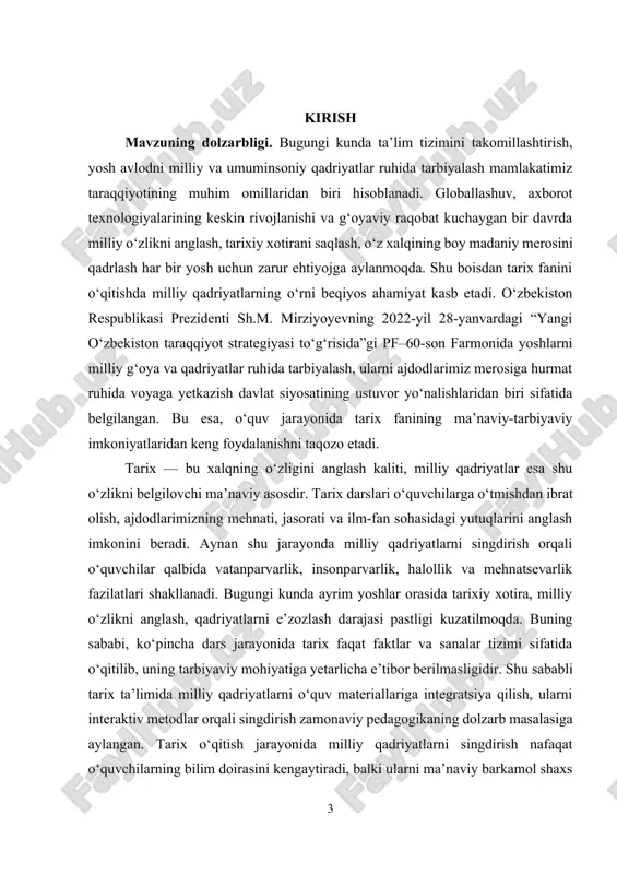 dirishning ilmiy-nazariy hamda amaliy asoslarini yoritishdan iborat. tarix ta’limi orqali o‘quvchilarda milliy o‘zlikni anglash, vatanparvarlik, ajdodlar merosiga hurmat, insonparvarlik va ma’naviy barkamollik kabi fazilatlarni shakllantirish yo‘llarini aniqlash ham kurs ishining asosiy maqsadidir. kurs ishining vazifalari: · milliy qadriyatlarning mohiyati va tarixiy ahamiyatini o‘rganish. · tarix fanida milliy qadriyatlarni shakllantirish yo‘llarini tahlil qilish. · tarix darslarida qadriyatlarni singdirishning samarali metodlarini aniqlash. · tarix o‘qituvchisining ma’naviy-tarbiyaviy faoliyatini o‘rganish. · milliy qadriyatlarni rivojlantirish bo‘yicha amaliy tavsiyalar ishlab chiqish. kurs ishining obyekti. umumta’lim maktablarida tarix fanini o‘qitish jarayoni va uning ma’naviy-tarbiyaviy yo‘nalishlari hisoblanadi. kurs ishining predmeti. tarix fanini o‘qitish jarayonida milliy qadriyatlarni o‘quvchilarga singdirishning mazmuni, metodlari va pedagogik shart-sharoitlaridir. kurs ishining tuzilishi. kirish, 2 ta bob, umumiy xulosa va foydalanilgan adabiyotlar ro‘yxatidan iborat. i-bob. tarix fanini o‘qitishda milliy qadriyatlarning nazariy asoslari 1.1. milliy qadriyatlarning mohiyati, shakllanish bosqichlari va ijtimoiy ahamiyati qadriyat — bu jamiyat yoki shaxs uchun muhim, bahosi bor, e’tiborga sazovor deb hisoblangan …