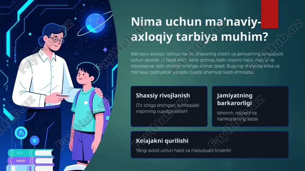 ing rivojlanishiga bag'isla 9 vatanparvarlik va milliy g'ururni oshirish har bir fuqaro vatani uchun samarali ishlashi, milliy qadriyatlarni muhofaza qilishi va kelajak avloddini shunga o'rgatishi zarur. bu tarbiya birodarlik, ikhtiyoriy hamkorlik va birgalikka asoslangan. vatanparvarlik faqat gapda emas, konkret ish-harakatlarda namoyon bo'lishi kerak. tarix va madaniyatni o'rganish o'z xalqining boy tarixini, san'atini va an'anasini bilish tilni sevish milliy til orqali mamlakatning tubjalarini ifodalash aktiv fuqoralik jamiyat va davlat ishlarida faol qatnashish 10 insonparvarlik va bag'rikenglikni rivojlantirish chuqurligi va samimiyat bilan ko'rish, boshqalarning jo'shiga aksiros berish, ulardagi xushbo'y jihatlarga diqqat qilish - bu vazifaning asosini tashkil etadi. insonparvarlik ta'lim jarayonida shafqat, mehnat sevgisi va nomuvaffaqlikka dosh berish sifatlari rivojlantiriladi. yordamga tayyorlik mushtajolik va mas'uliyatlik bilan boshqalarga yardamda turish mehribonlik chuqurligi va e'tibot bilan har bir insonni qadrlash birlilik turli xil fikirlarga ehtiyot va respekt bilan munosabat 11 halollik va adolatga undash halollik bilimdan va fazilatdan bo'lgan kuchlidir. adolat jamiyatning asosini tashkil …