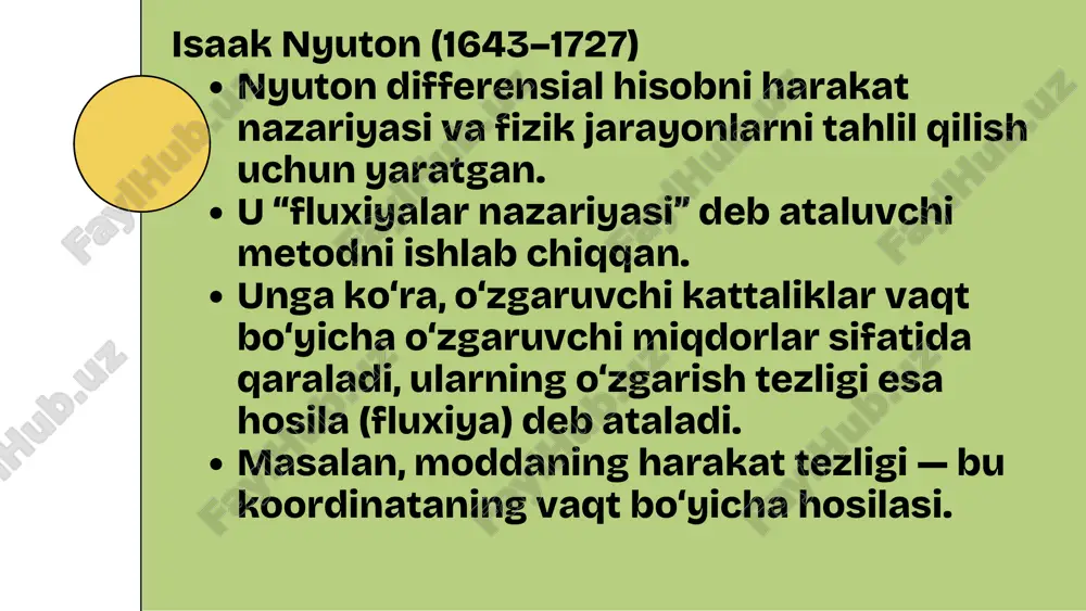 m(δx → 0) [ f(x + δx) - f(x) ] / δx funksiyaning o‘zgarish tezligi, egri chiziq tangensining qiyaligi qisman hosila z = f(x, y) ∂z/∂x = lim(δx → 0) [ f(x + δx, y) - f(x, y) ] / δx ; ∂z/∂y = lim(δy → 0) [ f(x, y + δy) - har bir o‘zgaruvchining alohida ta’sirini ko‘rsatadi to‘liq differensial z = f(x, y) dz = (∂f/∂x)·dx + (∂f/∂y)·dy argumentlarning kichik o‘zgarishlari bilan funksiyaning o‘zgarishini gradient (∇f) f = f(x, y, z) ∇f = ( ∂f/∂x , ∂f/∂y , ∂f/∂z ) funksiya eng tez o‘zgaradigan yo‘nalishni bildiruvchi vektor yo‘nalishli hosila f = f(x, y, z) dₗ f = ∇f · l (bu yerda l — yo‘nalish birligidagi vektor) berilgan yo‘nalish bo‘yicha o‘zgarish tezligi vektorli funksiya hosilasi (yakobi matritsasi) y = f (x ) j = [ ∂fᵢ / ∂xⱼ ] (i = 1,…,m ; j = 1,…,n) vektor funksiyalar …