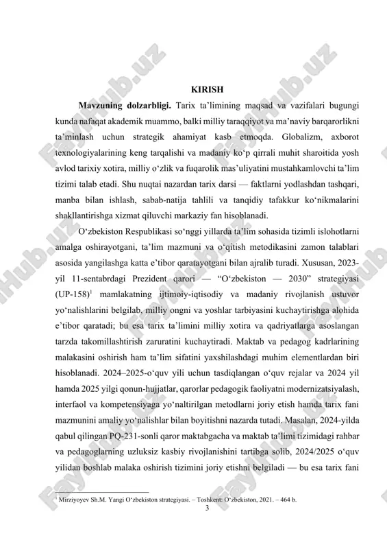 qishdan iborat. kurs ishining vazifalari: · tarix ta’limining nazariy asoslarini va uning jamiyat rivojlanishidagi o‘rnini tahlil qilish. · o‘zbekiston ta’lim tizimida tarix fanining maqsad va vazifalarini yoritib berish. · tarix ta’limi jarayonida qo‘llaniladigan zamonaviy pedagogik yondashuv va metodlarni o‘rganish. · tarixiy tafakkur va milliy ongni shakllantirishda tarix darslarining ahamiyatini asoslab berish. · tarix ta’limining samaradorligini oshirish uchun amaliy taklif va tavsiyalar ishlab chiqish.. kurs ishining obyekti. o‘zbekiston ta’lim tizimida tarix fanini o‘qitish jarayoni, ya’ni tarix ta’limining mazmuni, metodlari, vositalari va u orqali o‘quvchilarda tarixiy bilim hamda tafakkurni shakllantirish jarayonidir. kurs ishining predmeti. tarix ta’limining maqsad va vazifalarini belgilovchi nazariy, metodik hamda amaliy asoslar, shuningdek, ularni ta’lim jarayonida samarali amalga oshirish yo‘llaridir. kurs ishining tuzilishi. kirish, 2 ta bob, umumiy xulosa va foydalanilgan adabiyotlar ro‘yxatidan iborat. i-bob. tarix ta’limining maqsadlari 1.1. umumiy maqsadlar (sotsiokultural va global) tarix ta’limi bugungi zamonda faqatgina o‘tgan davrlarni eslab qolish yoki sanalarni va voqealarni ketma-ket tartibda …