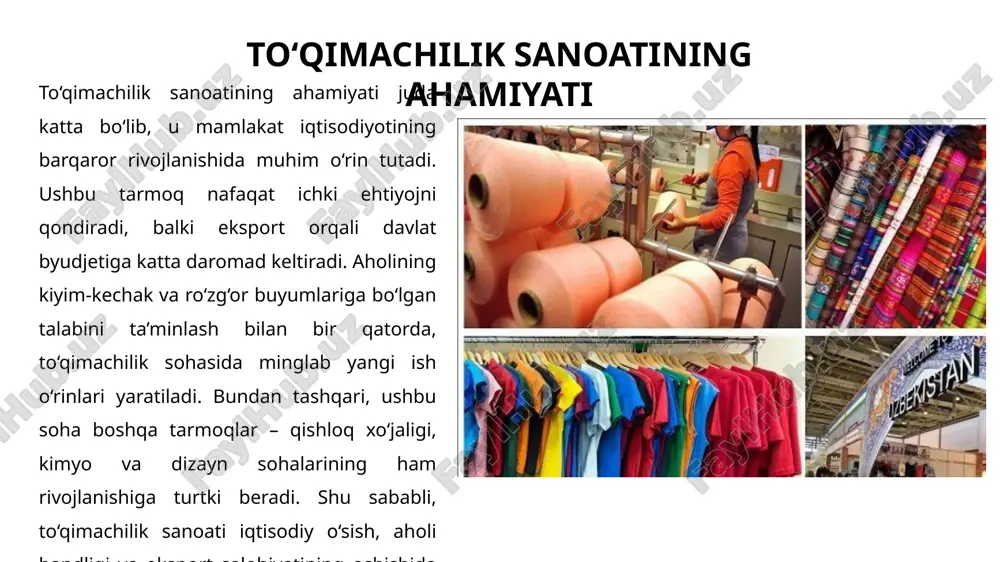 viy texnologiyalar zamonaviy texnologiyalar to‘qimachilik sanoatida mahsulot sifatini oshirish va ishlab chiqarish samaradorligini ta’minlashda muhim rol o‘ynaydi. avtomatlashtirilgan to‘qimachilik dastgohlari yordamida ishlab chiqarish jarayonlari tez, aniq va inson mehnatini kamaytirgan holda amalga oshiriladi. raqamli naqshlash texnologiyasi esa matolarga murakkab va rang-barang dizaynlarni yuqori aniqlikda tushirish imkonini beradi. energiya tejamkor uskunalar ishlab chiqarish xarajatlarini kamaytiradi hamda atrof-muhitga salbiy ta’sirni pasaytiradi. shu bilan birga, ekologik toza bo‘yash texnologiyalari suv sarfini kamaytirib, kimyoviy chiqindilarni cheklaydi. bunday innovatsiyalar tufayli to‘qimachilik mahsulotlari nafaqat sifatli va estetik, balki ekologik jihatdan xavfsiz bo‘lib, xalqaro bozorlarda raqobatbardoshligi ortmoqda. o‘zbekiston to‘qimachilik sanoatining rivojlanishi o‘zbekiston to‘qimachilik sanoati so‘nggi yillarda jadal rivojlanish bosqichiga kirdi. hozirda mamlakatda 4000 dan ortiq to‘qimachilik va tikuv-trikotaj korxonalari faoliyat yuritmoqda. soha yiliga 2 milliard aqsh dollaridan ortiq eksport hajmini ta’minlab, mamlakat iqtisodiyotining yetakchi yo‘nalishlaridan biriga aylandi. “o‘zto‘qimachiliksanoat” uyushmasi tomonidan ishlab chiqarish jarayonlari, mahsulot sifati va eksport faoliyati muvofiqlashtirib boriladi. yurtimizda paxta tolasi to‘liq ichki qayta ishlanmoqda, …