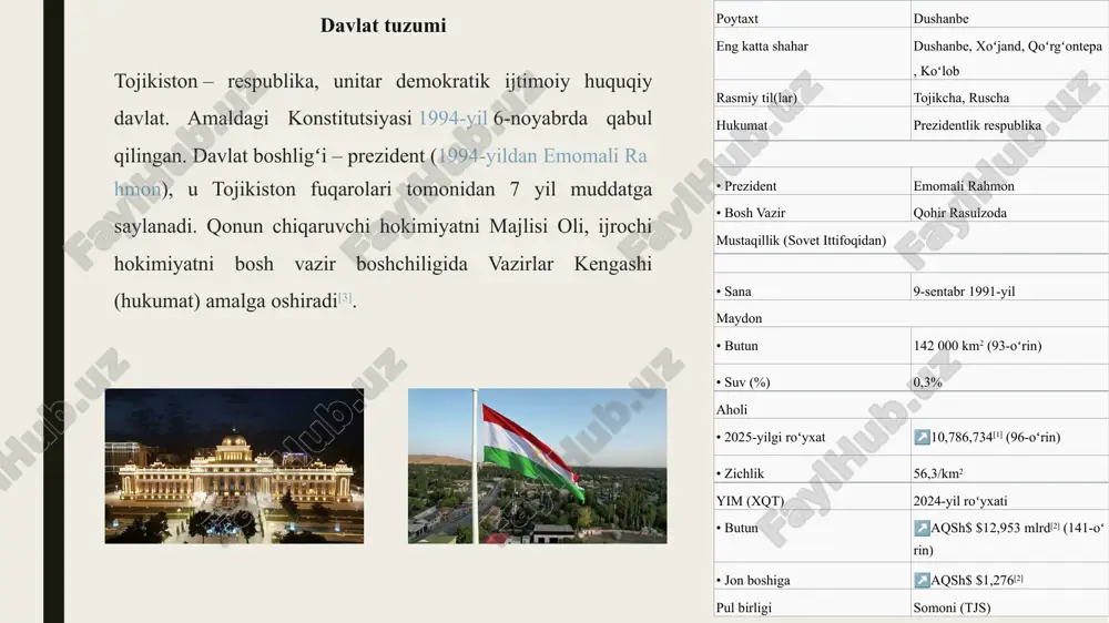 qori — 2024‑yilda ~ 8,4% ga yaqin. qashshoqlik darajasi (xalqaro chiziq bo‘yicha) 2009 yilda ~32% bo‘lgan, 2024 yilda ~9,1% ga tushgani aytiladi. ammo iqtisod rusumda ayrim zaifliklarga ega — masalan, iqtisodiy strukturaning diversifikatsiyalanmaganligi va katta darajada chetga ishlovchilarning remittansiyalariga bog‘liqligi. etiboringgiz uchun raxmat image1.png image2.png image3.png image4.png image5.png image6.png image7.png image8.png image9.png image10.png image11.png image12.png /docprops/thumbnail.jpeg