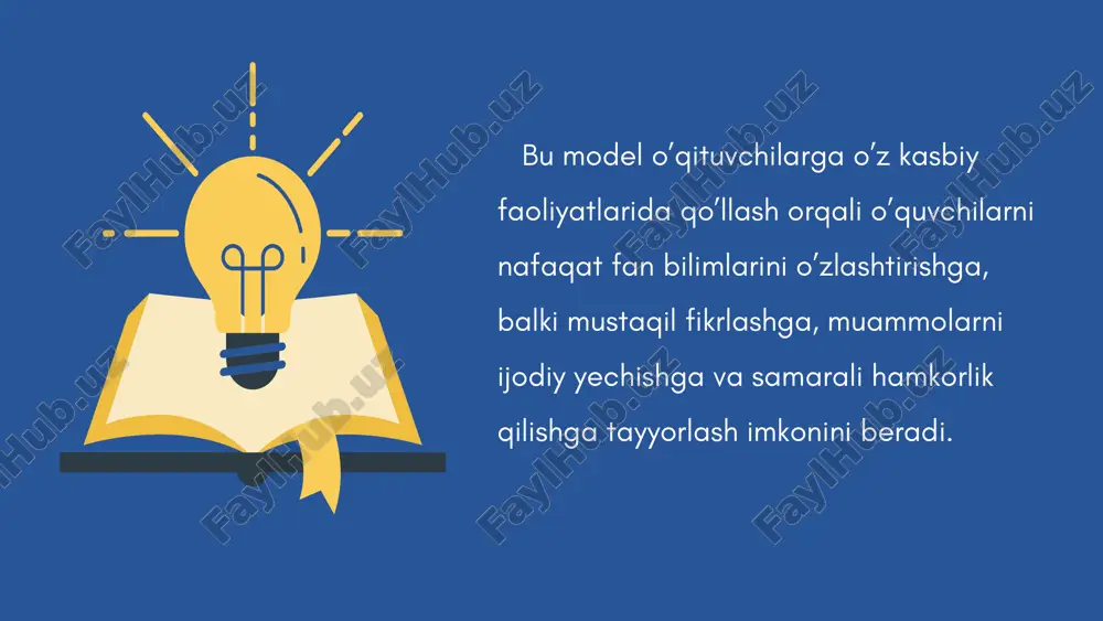 ini ta’minlash. o’qituvchining roli va metodlari: o’qituvchi 4k ko’nikmalarini alohida fan sifatida emas, balki barcha fanlarga integratsiya qiluvchi sifatida harakat qilishi kerak. 4k modelini ta’lim jarayoniga integratsiyalsh kompetansiya integratsiya misoli tanqidiy fikrlash 2 xil manbada keltirilgan bir xil tarixiy voqeani taqqoslash va qaysi biri obyektivroq ekanligini asoslash. ijodkorlik “agar biz eramizda 100 – yillikda yashagan bo’lsaydik, hozirgi muammoni qanday hal qilardik?“ deb nomlangan senariy yaratish. muloqot tarixiy shaxsning nuqtai nazaridan “nutq so’zlash” yoki “muhokama” sessiyasini o’tkazish. hamkorlik bir davrning iqtisodiy, siyosiy va madaniy jihatlarini tahlil qilish uchun kichik guruhlarga bo’linib, yakuniy xulosani tayyorlash. o’qituvchilarni rivojlantirish zarurati 4k modelining muvaffaqiyati to’g’ridan – to’g’ri o’qituvchining tayyorgarligiga bog’liq. shuning uchun: o’qituvchilar uchun treninglar o’tkazish. kasbiy rivojlanish dasturlarida 4k metodikalarini keng jalb etish. o’qituvchilarning yangi metodlarni sinovdan o’tkazishlari uchun qulay sharoit yaratish. o’qituvchilarda tanqidiy fikrlash, ijodkorlik, muloqot va hamkorlik ko’nikmalarini (4k modeli) rivojlantirish zamonaviy pedagogikaning asosiy vazifasi va kelajak ta’limining fundamental poydevori hisoblanadi. ushbu …