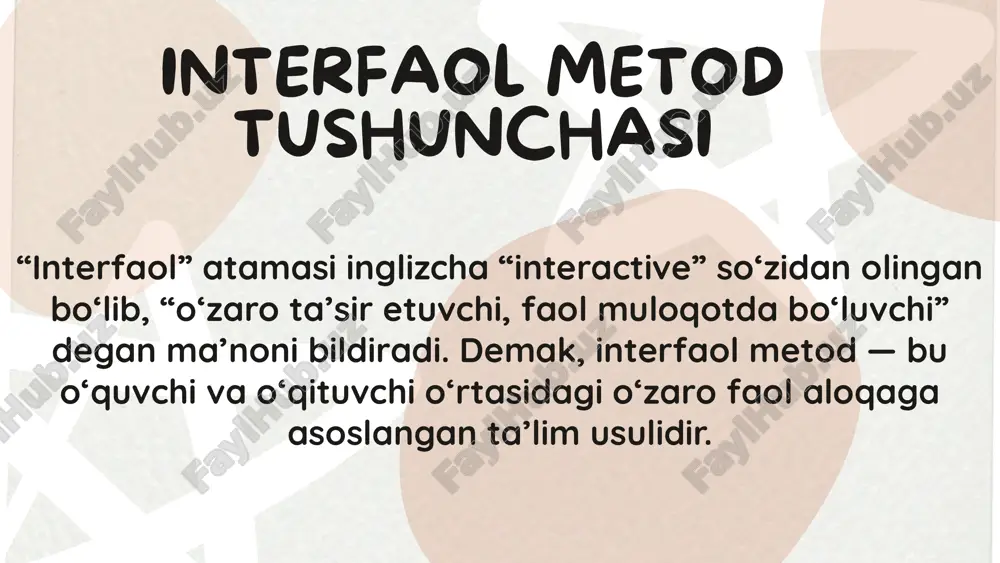 da: davolash metodining samaradorligi bemorning sog‘ayish tezligi va nojo‘ya ta’sirlarning kamayishi orqali o‘lchanadi. iqtisodiyotda: boshqaruv metodining samaradorligi korxona foydasi, mahsulot sifati va ishlab chiqarish xarajatlari orqali aniqlanadi. interfaol metodlar samaradorligi – bu shunchaki dars uslubi emas, balki ta’lim falsafasidir. u o‘quvchini passiv iste’molchidan faol yaratuvchiga aylantiradi. zamonaviy o‘qituvchi uchun asosiy vazifa – o‘qitish jarayonini “men bilaman – sen o‘rgan” shaklidan “birgalikda kashf qilamiz” shakliga o‘tkazishdir. e’tiboringiz uchun tashakkur