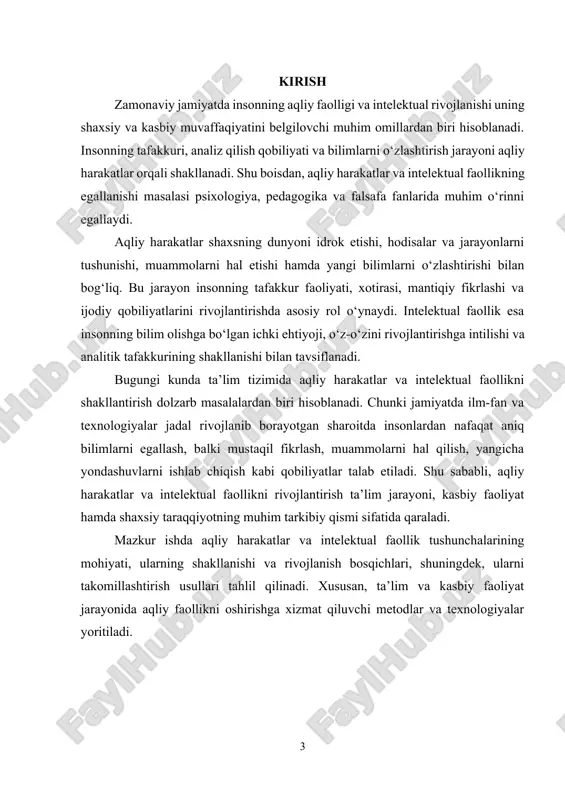 ashinuvi hamda bilimlarni boshqalar bilan bo‘lishish imkonini beruvchi vosita. · motivatsiya – shaxsning o‘rganishga bo‘lgan ichki ehtiyoji va bilishga bo‘lgan qiziqishi. aqliy harakatlar psixologiyada ichki va tashqi shakllarda namoyon bo‘ladi. ichki aqliy harakatlar tafakkur jarayonida yuzaga kelib, insonning o‘z fikrlarini shakllantirish va mantiqiy xulosalar chiqarish qobiliyatiga bog‘liq bo‘ladi. tashqi aqliy harakatlar esa bilim va tajribalarni amaliyotda qo‘llash, muhitga moslashish va u bilan o‘zaro ta’sir o‘rnatish orqali ifodalanadi. psixologiyada aqliy harakatlarning rivojlanishi turli bosqichlarga bo‘linadi. har bir bosqichda insonning tafakkuri va intellektual qobiliyatlari bosqichma-bosqich shakllanadi. l.s. vygotskiy va j. piajening tadqiqotlari asosida aqliy harakatlarning rivojlanishining asosiy bosqichlari quyidagilarga ajratilgan: · sensorimotor bosqich (0-2 yosh). inson hayotining dastlabki yillarida aqliy faoliyat sezgi organlari orqali amalga oshadi. bolalar atrof-muhitni faqat sezgilar orqali idrok etadi. bu bosqichda harakat va sezgilar asosida dastlabki aqliy faoliyat shakllanadi, bunda tashqi dunyo bilan bevosita o‘zaro ta’sir ko‘rsatiladi. · predoperatsion bosqich (2-7 yosh). ushbu davrda bolalar tushunchalarni shakllantira boshlaydilar, …