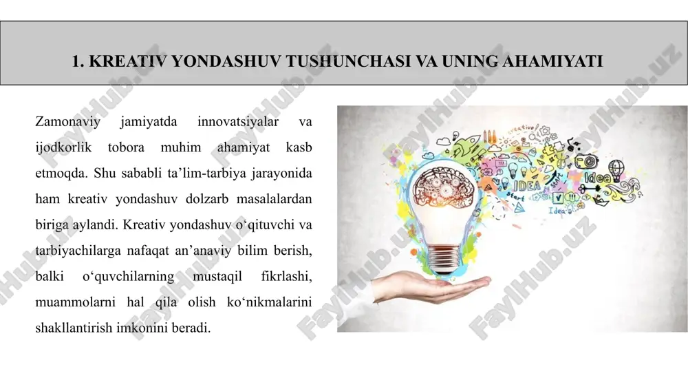 lki o‘quvchilarning shaxsiy rivojlanishiga ham ijobiy ta’sir qiladi. kreativ yondashuvning asosiy tamoyillari. kreativ yondashuvni muvaffaqiyatli amalga oshirish uchun quyidagi tamoyillarga rioya qilish kerak: 1️⃣ individual yondashuv – har bir o‘quvchining qobiliyatini hisobga olib, ta’lim-tarbiya jarayonini shaxsiy ehtiyojlariga moslashtirish. 2️⃣ interfaol metodlardan foydalanish – dars va tarbiyaviy mashg‘ulotlarda rolli o‘yinlar, guruhli ishlar, muammoli ta’lim, loyihaviy usullar kabi faol yondashuvlardan foydalanish. 3️⃣ innovatsion texnologiyalarni qo‘llash – axborot-kommunikatsiya texnologiyalari, virtual laboratoriyalar, ta’lim platformalari orqali darslarni interaktiv va qiziqarli qilish. 4️⃣ o‘quvchilarning ijodkorligini rag‘batlantirish – mustaqil fikrlash, yangi g‘oyalar ilgari surish va kreativ yechimlar topishga undash. 5️⃣ motivatsiya va rag‘batlantirish – o‘quvchilarga o‘z natijalarini baholash, ularni qo‘llab-quvvatlash va rag‘batlantirish orqali ishtiyoqini oshirish. zamonaviy ta’lim jarayoni o‘quvchilarning faqat bilim olishini emas, balki mustaqil fikrlashi, ijodkorlik qobiliyatlarini rivojlantirishni ham talab qiladi. kreativ yondashuv shu maqsadga xizmat qilib, ta’lim va tarbiyaning samaradorligini oshirishga imkon beradi. bu usul o‘quvchilarning o‘rganishga bo‘lgan qiziqishini orttirish, ularni faol ishtirok etishga undash …