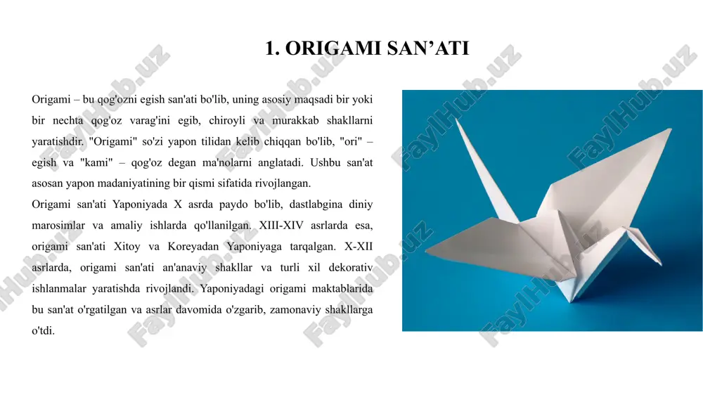 og‘och qismlari bilan ham ishlanishi mumkin. qirqish usullari: oddiy kesish – applikatsiya uchun materiallarni qaychi yoki pichoq yordamida oddiy geometrik shakllarga kesish. nozik kesish – nozik va murakkab naqshlarni yaratish uchun maxsus qaychi yoki pichoq ishlatish. to‘qish – har xil materiallarni bir-biriga bog‘lab yoki o‘zaro to‘qib bezak yaratish. yopishtirish – kesilgan bo‘laklarni asosiy materialga joylashtirib, elim yoki maxsus yopishtiruvchi moddalar yordamida mustahkamlash. applikatsiya turlari: mazmunli applikatsiya. bu turdagi applikatsiyada turli shakllar yordamida voqealar, tabiat manzaralari yoki jonli tasvirlar yaratiladi. misol: hayvon shakllari, odam tasvirlari, landshaft manzaralari. bezakli applikatsiya. dekorativ maqsadlarda qo‘llaniladi va asosan naqshlar, geometrik shakllar yoki milliy bezaklar asosida yaratiladi. misol: milliy naqshlar, gul shakllari, ramziy bezaklar. matodan applikatsiya yaratish uchun qaychi, yopishtiruvchi moddalar va turli xil matolar kerak bo‘ladi. qaychi matolarni nozik va aniq kesish uchun ishlatiladi. yopishtiruvchi moddalar yordamida mato va boshqa materiallarni asosga yopishtirish mumkin, bunda elim yoki maxsus tikish usullari qo‘llaniladi. applikatsiyada paxta, ipak, jun …
