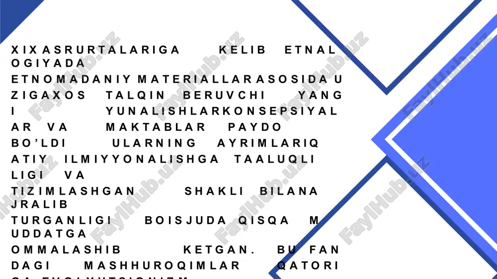 rkazdan boshqa hududlarga tarqalishiga doir oziga xos ilmiy goyani ilgari surganliklari bilan farqlanadilar klassik evolyutsionistik nazariya tarafdorlari avvalo insoniyat madaniyati taraqqiyoti bilan bogliq universal manbalar va universal qonuniyatlarni yaratishga harakat qiladi evolyutsionizm tarafdorlari zamonaviy jamiyatda yashashlariga qaramay o’ z yozuvlariga ega bolmagan xalqlarni qadimiyat qoldigi sifatida tanqid qilganlar ularning madaniyatlarini organish “ intidoiy jamoa“ madaniyatini yaxlit tarzda rekonstrucsiya qilish imkonini beradi deb hisoblaydilar kishilik jamiyatida uzluksiz taraqqiyotning orni bor yani soddalikdan murakkablikka o’ tish kabi madaniyat ham xuddi jamiyatdagi kabi asta sekin ozgarishlar miqdoriy osish yoki kamayish yo’ l ida qanday yuqoriga qarab doimo uzluksi rivojlanib boradi 1 2 3 evolyutsionizmning asosiy goyalari madaniyatning har qanday korinishi ilk davrlardan malumdir. uning keyinhi shakllari qayta paydo boladi va oldingi korinishlar asosida shakllanadi bunda madaniyat rivojlanishi kop pogonali va dunyodagi barcha xalqlar uchun yagona xiaoblangan bosqichlar asosida paydo boladi.insoniyat madaniyatning har tomonlama umumiy qonunlari bilan turli xalqlar va ular madaniyatining bir xil …