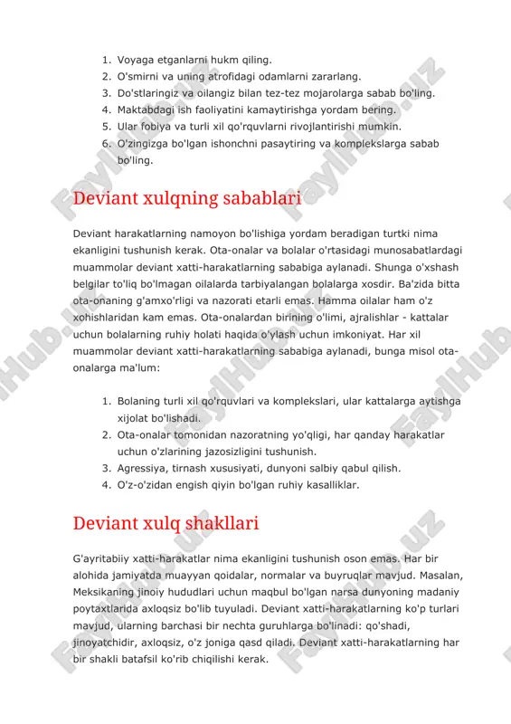 bul qilish. 4. o'z-o'zidan engish qiyin bo'lgan ruhiy kasalliklar. deviant xulq shakllari g'ayritabiiy xatti-harakatlar nima ekanligini tushunish oson emas. har bir alohida jamiyatda muayyan qoidalar, normalar va buyruqlar mavjud. masalan, meksikaning jinoiy hududlari uchun maqbul bo'lgan narsa dunyoning madaniy poytaxtlarida axloqsiz bo'lib tuyuladi. deviant xatti-harakatlarning ko'p turlari mavjud, ularning barchasi bir nechta guruhlarga bo'linadi: qo'shadi, jinoyatchidir, axloqsiz, o'z joniga qasd qiladi. deviant xatti-harakatlarning har bir shakli batafsil ko'rib chiqilishi kerak. qo'shadi haqiqatdan voz kechish, yomon odamlar, shlar yo'q bo'lgan o'zingizning kashf etgan dunyongizga sho'ng'ish, hamma narsa sodda va tushunarli - bunga deviant qo'shadi. kontseptsiya "yomon odat" degan ma'noni anglatuvchi inglizcha "qo'shadi" so'zidan kelib chiqqan. giyohvandlikka qaratilgan deviant xatti-harakatlar turlari har xil bo'lishi mumkin - engil shakldan og'ir shaklgacha. ushbu og'ish quyidagi salbiy harakatlar bilan ifodalanadi: · alkogol, giyohvand moddalar, tamaki mahsulotlariga qaramlik; · qimor va kompyuter o'yinlariga qiziqish; · fohishalik. noto'g'ri xulq qonunni buzadigan harakatlar, ataylab qilingan deviant xatti-harakatlar deb …