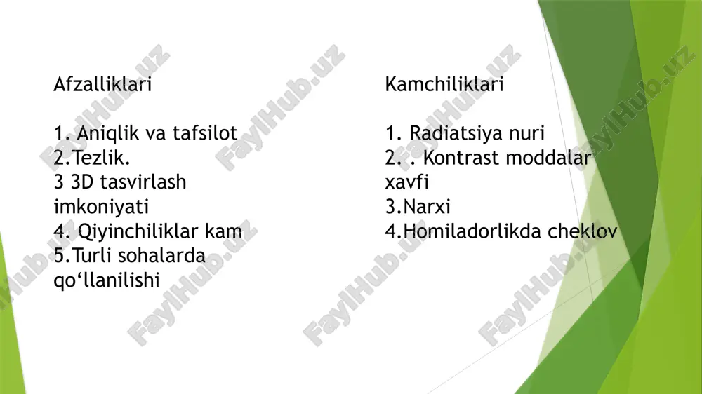 ko‘rsatadi (buyrak, ureter, qovuq) ✅ zichligini o‘lchaydi → tosh turini taxmin qiladi ✅ obstruksiya (tiqilish) bor-yo‘qligini aniqlaydi ✅ katta, ko‘p sonli toshlarni ham ko‘rsatadi ✅ tez (5–10 soniya) ✅ 5. kt ning kamchiliklari ❌ nurlanish bor ❌ homiladorlarga tavsiya etilmaydi ❌ juda kichik urat toshlar ba’zan kam ko‘rinishi mumkin ❌ kontrastli ktda tosh kontrast soyasida “yashirinib” qolishi mumkin kt da asosiy belgilari 1. buyrak kosachasi va jomi kengayishi kosachalar suyuqlik bilan to‘lib, kengayadi jomi ham kengayadi, buyrak shakli “dumaloq” yoki “ko‘p burchakli” ko‘rinadi kt da bu suyuqlik qoramtir (0–20 hu) bilan ko‘rinadi 2. ureter kengayishi obstruksiya joyidan pastroqda siydik yo‘li kengayadi “siydik yo‘lining kengayishi” belgilari aniq ko‘rinadi 3. obstruksiya manbasini aniqlash kt orqali tosh, o‘sma, polip, toraygan joy yoki boshqa to‘sqinlik aniqlanadi eʼtiboringiz uchun rahmat. image1.jpeg image2.jpeg image3.jpeg image4.jpeg image5.jpeg image6.jpeg image7.jpeg image8.jpeg bladder cancer, ct /docprops/thumbnail.jpeg