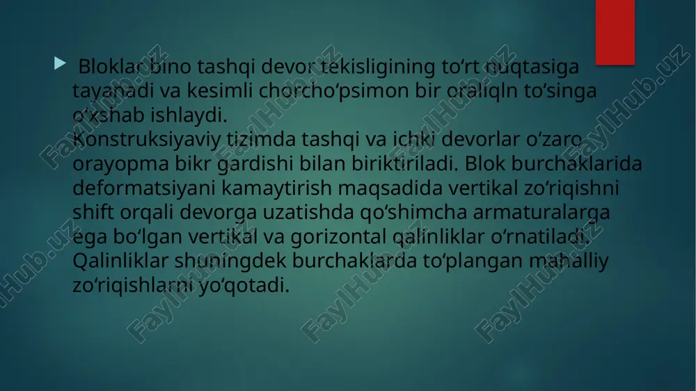 pardoz ishlari bajarilgan holda zavoddan foydalanishga to‘la tayyor holda keltiriladi. hajmiy blokli binolarga ham, boshqa konstruksiyaviy sxemali binolardagidek talablar qo‘yiladi: - hajmiy-rejaviy yechimi funksional jarayon talablariga javob berishi kerak; - me’moriy-rejaviy yechimi bino qurishni zamonaviy kompozitsion va badiiy ko‘rinishlariga javob berishi kerak; - konstruksiyaviy yechimi tabiiy-iqlimiy va boshqa tashqi ta’sirlarga javob berishi va sanoatlashgan baza barpo etish va hajmiy elementlar yagona o‘lchamlari va markalari sonini minimal bo‘lishiga erishish kerak. hajmiy blokli binolarni uchta konstruksiyaviy sxemasi ma’lum: i -blokli; ii - panel blokli; iii - karkas blokli. blokli sxemada hajmiy elementlar yoppa joylashgan bo‘lib, har biri yuqorida yotgan bloklar og‘irligini qabul qilib, o‘z og‘irligi bilan pastda yotgan bloklarga uzatadi. hajmiy blokli binolar bir-biri bilan bog‘langan hajmiy-blokli ustunlar tizimida tasavvur qilinadi. blok o‘lchamlari aniqlash bo‘ylama (2,7; 3,0; 3,3; 3,6) va ko‘ndalang (4,8; 5,1; 5,4; 5,7; 6,0; 6,6) o‘lchamlarda qo‘yiladigan konstruksiyaviy o‘lchamlari orqali bo‘lishi mumkin. maxsus ruxsatnomali binolarda transport cheklanishi natijasida chegaraviy o‘lchamni …