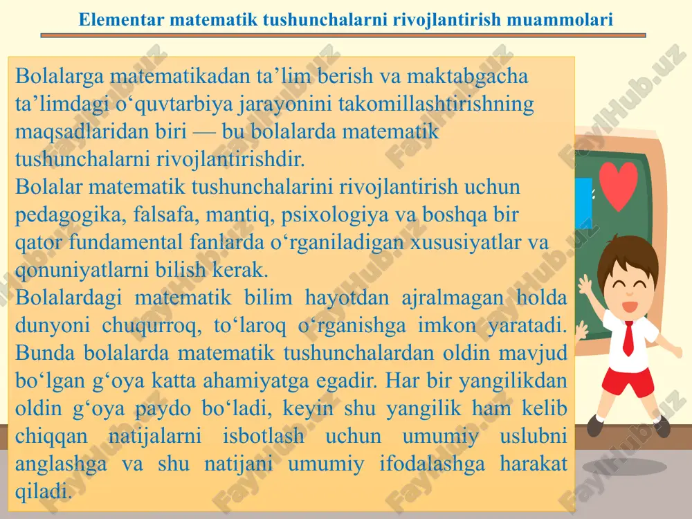 icha, bolaning tasavvuri rivojlanishi bilimlarni o‘zlashtirish jarayonisiz o‘tmaydi, faqatgina o‘quv axborotlarining to‘plami (bilim, bilish) fikrlashni harakatlantiradi, bolalarning fikrini rivojlantiradi. o‘z navbatida matematik tasavvurning hosil bo‘lishi bilim va bilishni o‘zlashtirish yuqori darajada bo‘lishiga dastlabki shart hisoblanadi. vigotskiy ikki ko‘rsatkichdan foydalanishni tavsiya etadi: bolaning yangi bilimlarni kattalar yordamida egallashi; boladagi o‘zlashtirilgan bilimlarni masalalarni mustaqil yechishda qo‘llash, tatbiq etish qobiliyati. l.s. vigotskiyning takliflarini amaliyotda qo‘llaganda: a) bolalarga masalani yechilishini ko‘rsatib, xuddi shunga o‘xshash masalani o‘zlariga yechish uchun beradi; b) tarbiyachi boshlab qo‘ygan masalani bolaning yechib tugatishini tavsiya etadi; d) murakkabroq masalalarni yechishni bolaga tavsiya etadi; e) masalaning yechilish prinsipini tushuntiradi, yordamchi savollar beradi, muammolar qo‘yadi, masalani qismlarga bo‘ladi va hokazo. ushbu turkumlashda uslublar quyidagilarga bo‘linadi: tasvirli tushuntirish yoki axborot uslubi; reproduktiv (yodda saqlash, eslash) uslubi; muammoli ifodalash uslubi; qisman izlanish uslubi; izlanish uslubi. turli matnlarda masalani yechish deganda turlicha tushuniladi: — masalaning maqsadiga yetganda olingan natija; — shu natijaga olib keladigan, mantiqiy o‘zaro …