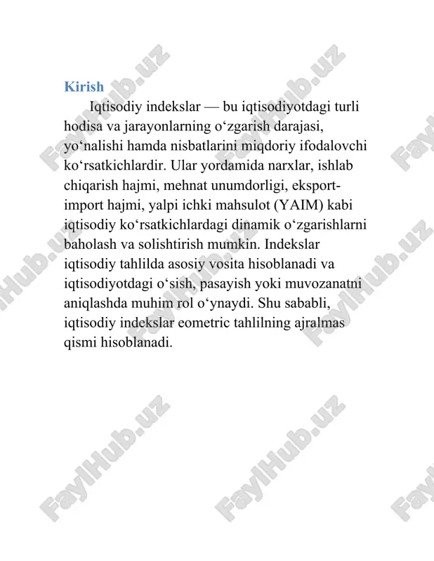 olishtirish imkonini beruvchi nisbiy miqdor. masalan, narx indekslari, ishlab chiqarish indekslari, mehnat unumdorligi indekslari iqtisodiyotdagi harakatni tahlil qilishda ishlatiladi. indekslar dinamik ko‘rsatkichlar sifatida vaqt o‘tishi bilan sodir bo‘ladigan o‘zgarishlarni baholaydi. ular iqtisodiyotdagi muvozanatni kuzatish, siyosiy qarorlar samaradorligini o‘lchash va ishlab chiqarish hajmini rejalashtirishda asosiy manba hisoblanadi. indekslar yordamida iqtisodiy hodisalar o‘rtasidagi nisbiy o‘zgarishlar, inflyatsiya darajasi, ishlab chiqarish samaradorligi, aholi daromadlari va narxlarning o‘zgarishlari aniqlanadi. 1. iqtisodiy indekslarning turlari va ularni hisoblash usullari iqtisodiy indekslar bir nechta turlarga bo‘linadi: individual indekslar, guruh indekslari, agregat indekslar va o‘rtacha indekslar. individual indeks — bu bitta ko‘rsatkichning o‘zgarishini ifodalovchi indeks. masalan, ma’lum eome narxining o‘zgarish darajasi. agregat indeks esa bir nechta ko‘rsatkichlar yig‘indisining o‘zgarishini ifodalaydi. masalan, sanoat ishlab chiqarish indeksi turli tarmoqlardagi ishlab chiqarish hajmlarini umumlashtirib beradi. hisoblash formulalari orasida laspeyres, paasche va fisher indekslari keng qo‘llaniladi. laspeyres indeksi eome davr narxlari asosida, paasche indeksi esa joriy davr narxlari asosida hisoblanadi. fisher indeksi esa …