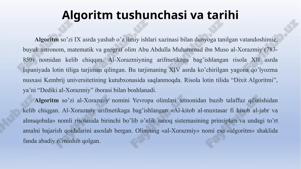 lishi zarurki, bunda vaqtning biror daqiqasida olingan miqdorlar qiymati vaqtning shundan oldingi daqiqasida olingan miqdorlar qiymati bilan bir qiymatli aniqlangan bo’ladi. natijaviylik. algoritm masalaning echimiga chekli sondagi qadamlar ichida olib kelishi yoki masalani "echib bo’lmaydi" degan xabar bilan tugashi kerak. ommaviylik. masalaning echish algoritmi shunday yaratilishi kerakki, uni faqat boshlang’ich malumotlar bilan farqlanadigan masalalarni echish uchun xam qo’llanilishi kerak. bunda boshlang’ich malumotlar “algoritmni qo’llash soxasi” deb ataladigan birorta soxadan olinadi. agar algoritm yordamida joiz boshlang'ich qiymat asosida izlangan natijani olish mumkin bo'lsa u holda algoritmni joiz boshlang'ich qiymatga qo'llash mumkin deyiladi. agar boshlang'ich qiymat joiz bo'lsa ham natija olish mumkin bo'lmasa, u holda unga algoritm qo'llash mumkin emas deyiladi. endi joiz boshlang'ich qiymatlar sinfi qanday ekanligini ko'rib chiqamiz. boshlang'ich qiymatlar ba'zan narsa yoki buyumlar, sonlar ekanini ko'rdik. bu fikr olingan natijalar uchun ham o'rinli. bu narsalar orasidagi umumiylik nimada? algoritm — bu qoidalar va demakki, ular qandaydir tillarda ifoda- langan, …