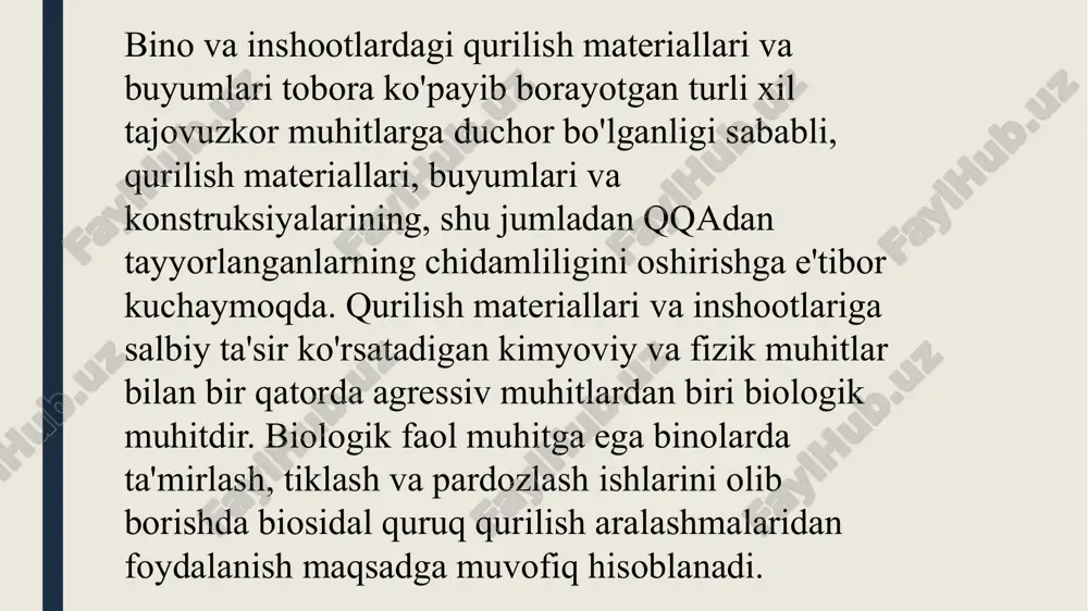 a pollar va boshqalar ishlab chiqarilmoqda. respublikamizda ishlab chiqariladigan quruq qurilish aralashmalaridan namunalar. quruq qurilish aralashmalarining an'anaviy kompozitsiyalar va texnologiyalarga nisbatan sosiy afzalliklari quyidagilardan iborat: - quruq aralashmalar ilmiy asoslangan kompozitsiyalarning keng assortimentini beradi (har bir turdagi qurilish ishlari uchun); - tarkibiy qismlarning vazni dozalash aralashmalarning zavod ishlab chiqarilishi ularning kompozitsiyalarining barqarorligini ta'minlaydi; - yetkazib berish soddalashtirildi, butun mavsumda foydalanish imkoniyati va uzoq saqlash muddati ta'minlandi, konteynerlarni utilizatsiya qilish soddalashtirildi; - yonmaydigan, kimyoviy xavflilikning past toifasini ta'minlaydi; - quruvchilarning mehnat unumdorligini 2-5 baravar oshiradi, ayniqsa aralashmalarni qo'llash uchun maxsus jihozlardan foydalanganda; - har qanday masofaga tashish va noldan past haroratlarda saqlash imkoniyati. sement: "qizilqumsement" ajda ishlab shiqarilgan ‹‹tsem ii/a-i 42,5 n›› markali rortland sement. kvars qumi: 1,4 zarracha o'lchamli na2so4 - natriy sulfat. agbion-1 – kumush nanozarrachalar (kolloid kumush, nanokumush), preparat yuqori mikroblarga qarshi faollikka ega. tashqi tomondan, konsentrat shaffof jigarrang suyuqlik bo'lib, uning faol komponenti sirt faol moddalar molekulalari …