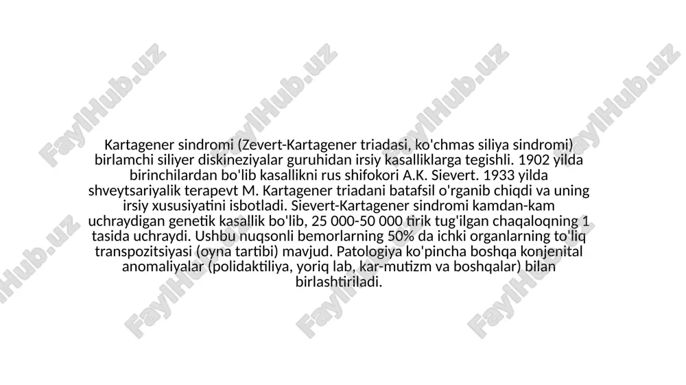 emorlarda tana vaznining etarli emasligi, o'sishning kechikishi aniqlanadi. umumiy zaiflik bor, charchoq kuchayadi, o'rganish qobiliyati yomonlashadi. kartagener sindromi ko'pincha katta erkaklarda bepushtlikning sababi hisoblanadi. asoratlar: o'tkir respiratorli infektsiyalar yosh guruhda keng tarqalgan. shu sababli, zevert sindromi butun dunyo bo'ylab, asosan, 3,5-4 yoshli bolalarda aniqlanadi. bu vaqtga kelib, bronxoektatik shakllanish uchun vaqt bor. kasallikning oqibatlari har xil. o'rta quloqning surunkali yallig'lanishi eshitish qobiliyatini yo'qotish yoki karlikka olib keladi. rinosinusit, burundagi polipli o'smalar va uning paranasal sinuslari hidning keskin pasayishiga olib keladi. bronxoektaziya surunkali infektsiyaning o'chog'i bo'lib, og'ir asoratlarni rivojlanishiga sabab bo'ladi. kartagener sindromi bo'lgan bemorlarda ko'pincha tizimli amiloidoz, o'pka yurak va buyrak etishmovchiligi rivojlanadi. ko'pincha hemoptizi epizodlari mavjud. diagnostikasi: pediatrlar yosh bemorlarda kartagener triadasining namoyon bo'lishiga birinchi bo'lib duch kelishadi. bunday bolalarni tekshirishda surunkali gipoksiya belgilari aniqlanishi mumkin. dudoqlar, nazolabial uchburchak, barmoq uchlari mavimsi rangga aylanadi. barmoqlarning distal falanjlari baraban tayoqchalari kabi qalinlashadi, tirnoqlar soat ko'zoynaklari ko'rinishini oladi (mari-bamberger sindromi). tashxisni …