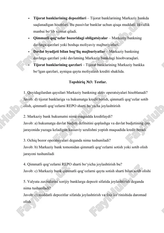 i 3. ochiq bozor operatsiyalari deganda nima tushuniladi? javob: b) markaziy bank tomonidan qimmatli qog‘ozlarni sotish yoki sotib olish jarayoni tushuniladi 4. qimmatli qog‘ozlarni repo sharti bo‘yicha joylashtirish bu? javob: c) markaziy bank qimmatli qog‘ozlarni qayta sotish sharti bilan sotib olishi 5. valyuta zaxiralarini xorijiy banklarga depozit sifatida joylashtirish deganda nima tushuniladi? javob: c) muddatli depozitlar sifatida joylashtirish va foiz ko‘rinishida daromad olish 6. quyidagilardan qaysilari markaziy bankning passiv operatsiyalari hisoblanadi? javob: a) naqd pullarni emissiya qilish, qimmatli qog‘ozlarni teskari repo bo‘yicha joylashtirish, hukumat va tijorat banklardan depozitlar qabul qilish 7. naqd pullarni emissiya qilish? javob: c) markaziy bankning buyurtmasiga asosan emissiya qilinadi. emissiya qilingan naqd pullar tijorat banklari orqali muomalaga chiqariladi. mustaqil ta’lim. masala. 350 000 so’m miqdoridagi omonat bankka yarim yilga har oy murakkab foizlar hisoblash shartida qo’yilgan. omonat bo’yicha yillik stavka – 35%. inflyatsiya darajasi – oyiga 10%. aniqlash kerak: a) foizlar bilan birga omonat miqdori (s), …